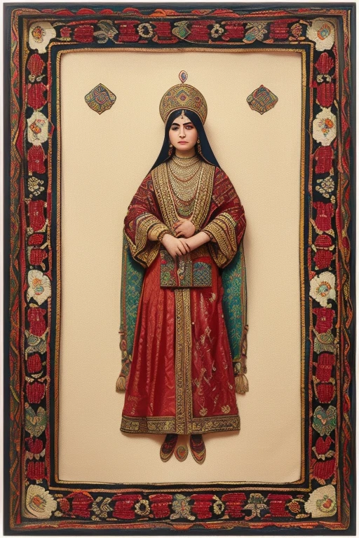 ((top view)) , Persian Qajar period woman , ((20 years old)) ,   in traditional yellow and red clothes include (((fish pattern on textile)))  , background contains painting of(( nightingale))  among orchid and tulip flowers, floral frame , ((perfect rectangular frame))