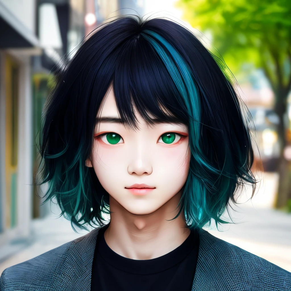Skinny boy with short hair,Black hair with dark blue highlights,unique and personal。Green eyes reveal a profound look,Like a breeze from nature。This teenager,With her unique hair color and green eyes, she becomes a chic street scene。