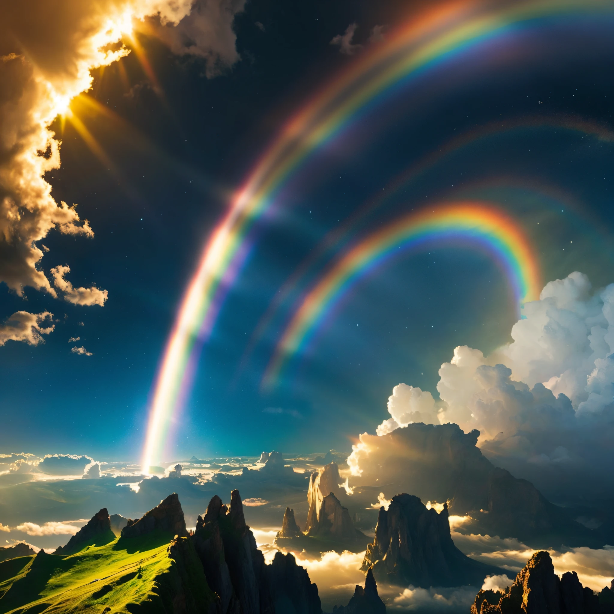 A torrent of light pouring down from heaven to earth、Swirling clouds reflecting a bright rainbow、Otherworldly landscape