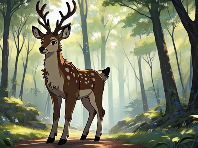 Masterpiece, best quality, deer, white spotty on the back, forest, Studio Ghibli, standing, brown eyes