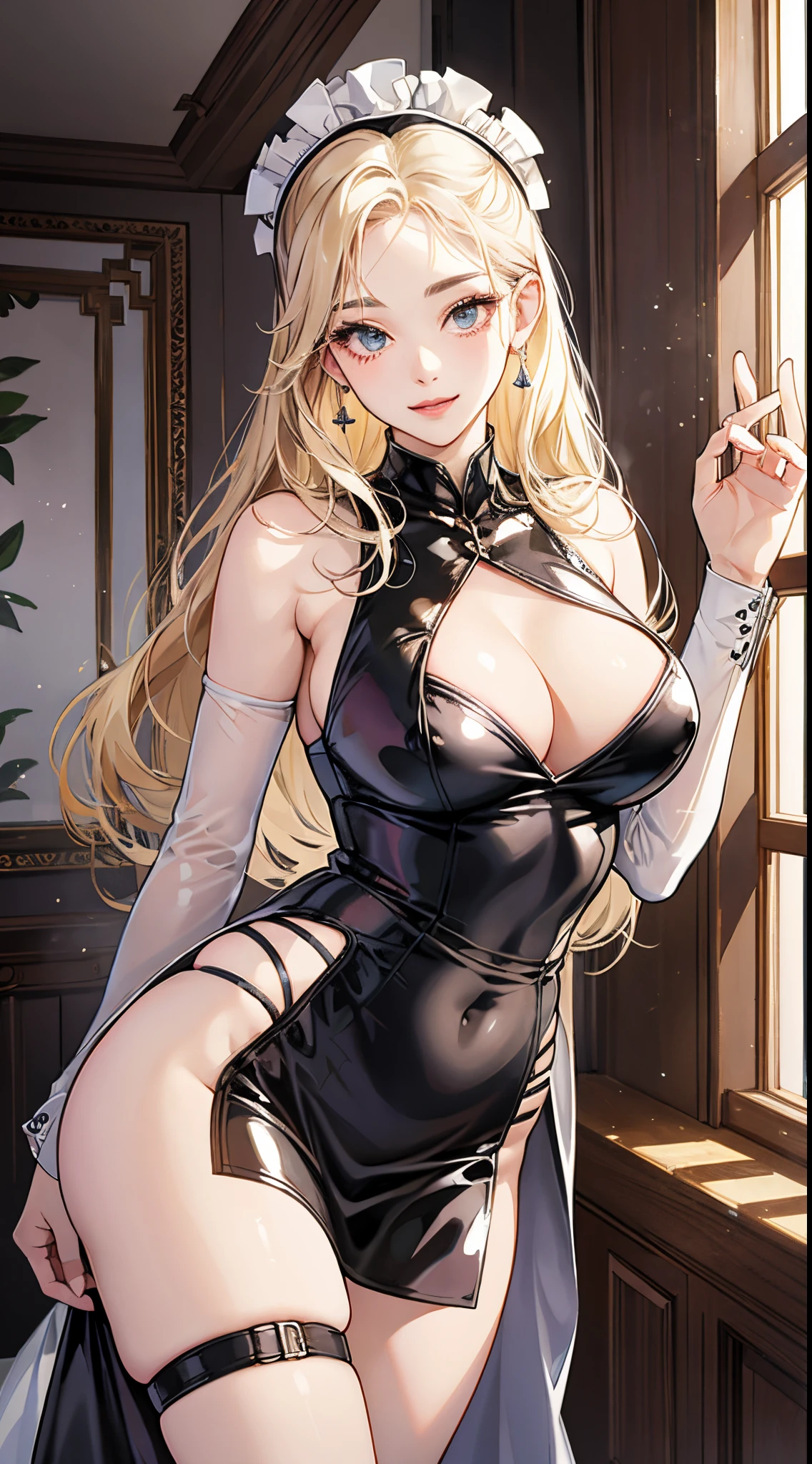 top-quality、realistic touch,high-detail、photoRealstic、Long body、skirts that are too short、Sleeveless、captive beauty、big eye、Big breasts that are about to fall out of your clothes、Strong platinum blonde eyelashes、platinum-blonde、Beautie、A sexy、full body Esbian、Sparkling eyes、Submissive smile、Flushed cheeks、Kamimei、thin-waist、Voluptuous thighs、Enraptured look、Raked bangs、The forehead is protruding、See-through clothing、high-heels、A maid working in a nobleman's mansion、 latex clothes