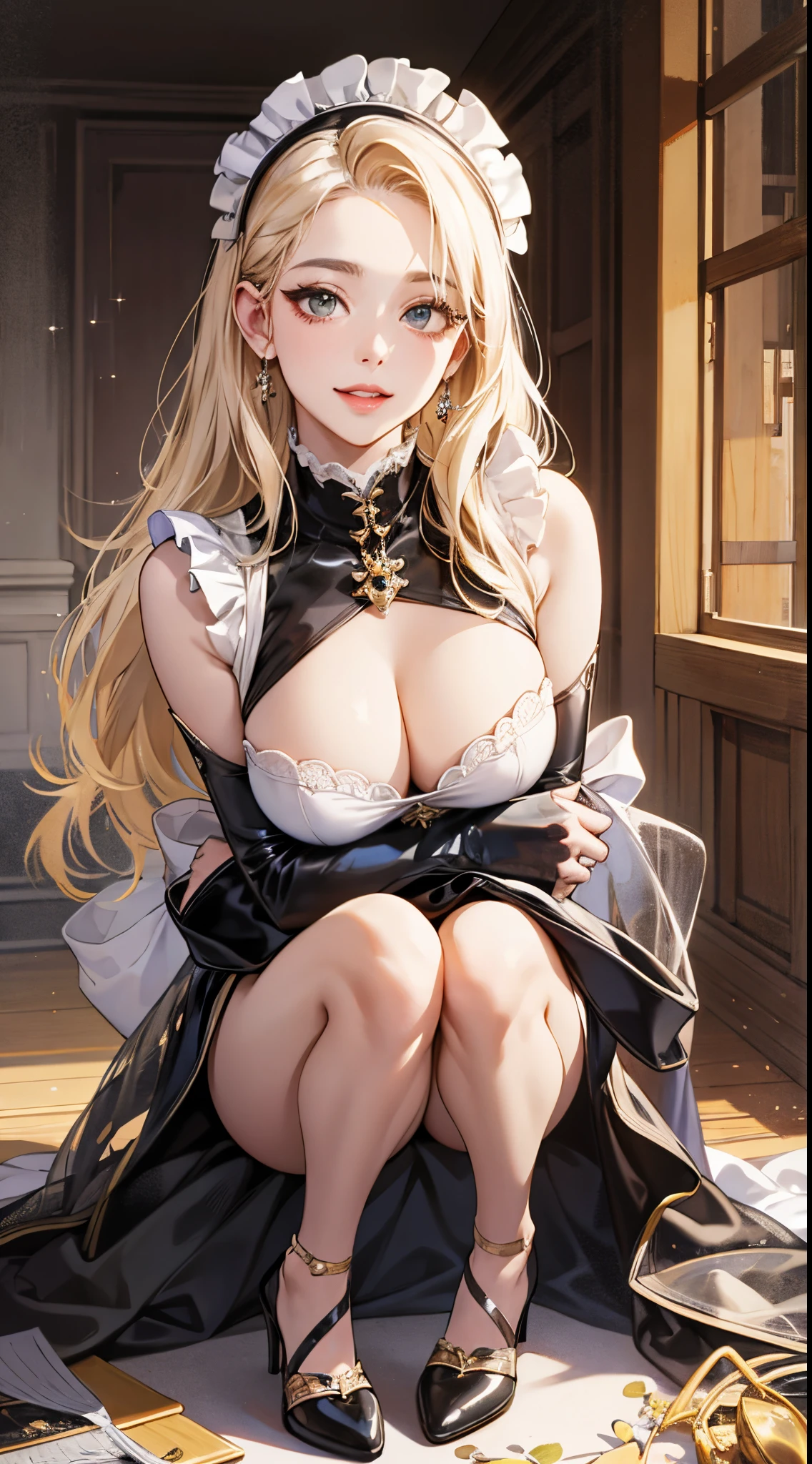 top-quality、realistic touch,high-detail、photoRealstic、Long body、skirts that are too short、Sleeveless、captive beauty、big eye、Big breasts that are about to fall out of your clothes、Strong platinum blonde eyelashes、platinum-blonde、Beautie、A sexy、full body Esbian、Sparkling eyes、Submissive smile、Flushed cheeks、Kamimei、thin-waist、Voluptuous thighs、Enraptured look、Raked bangs、The forehead is protruding、See-through clothing、high-heels、A maid working in a nobleman's mansion、 latex clothes