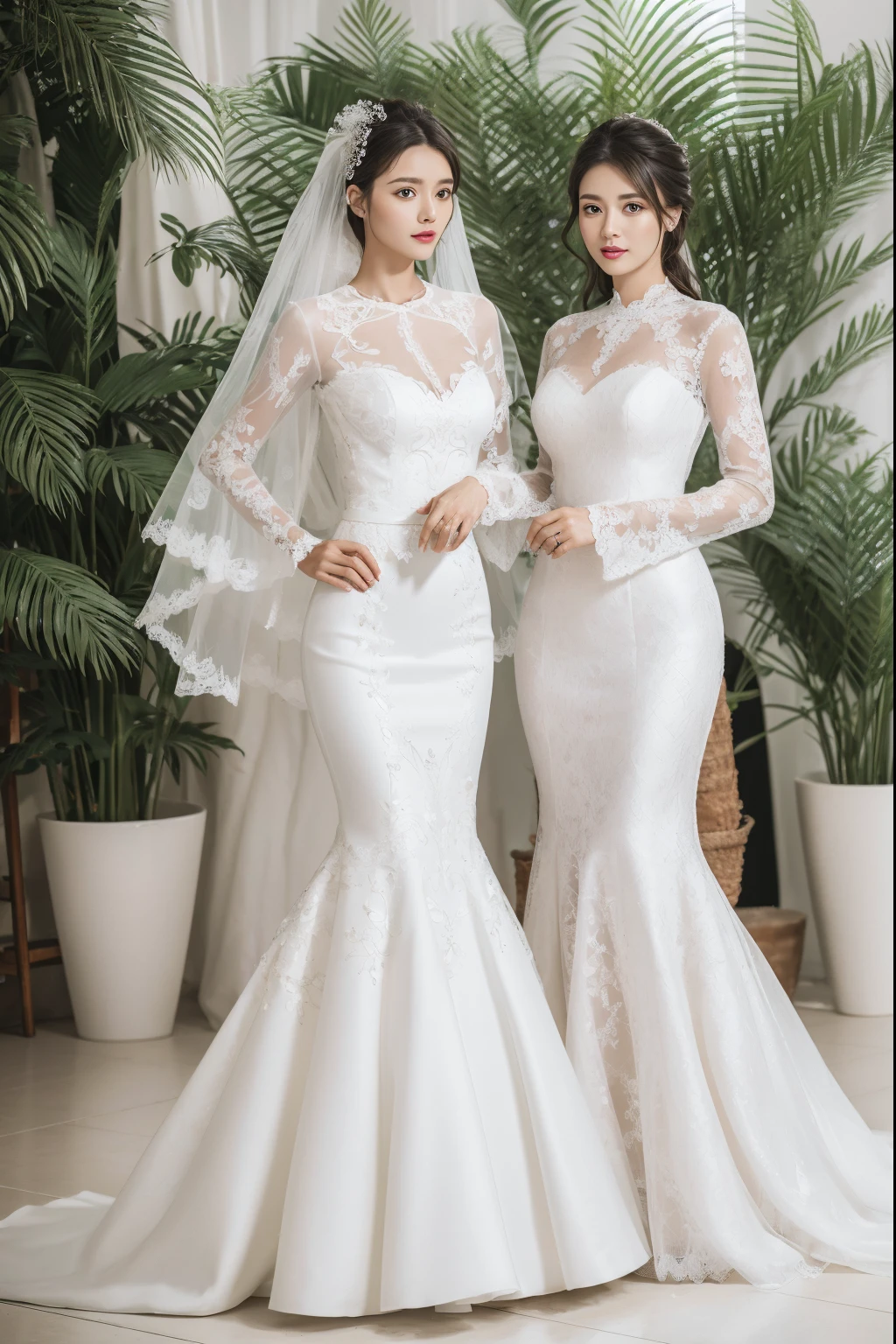 Best quality, 8k, 32k, Masterpiece, Masterpiece, (Photorealistic: 1.4), RAW photo, ultra realistic, 1girl, full body, wearing a white mermaid wedding dress, long-sleeve style, floor-length style, lace fabric, Take product photos in white room with indoor decorative palm tree, stand upright and look straight