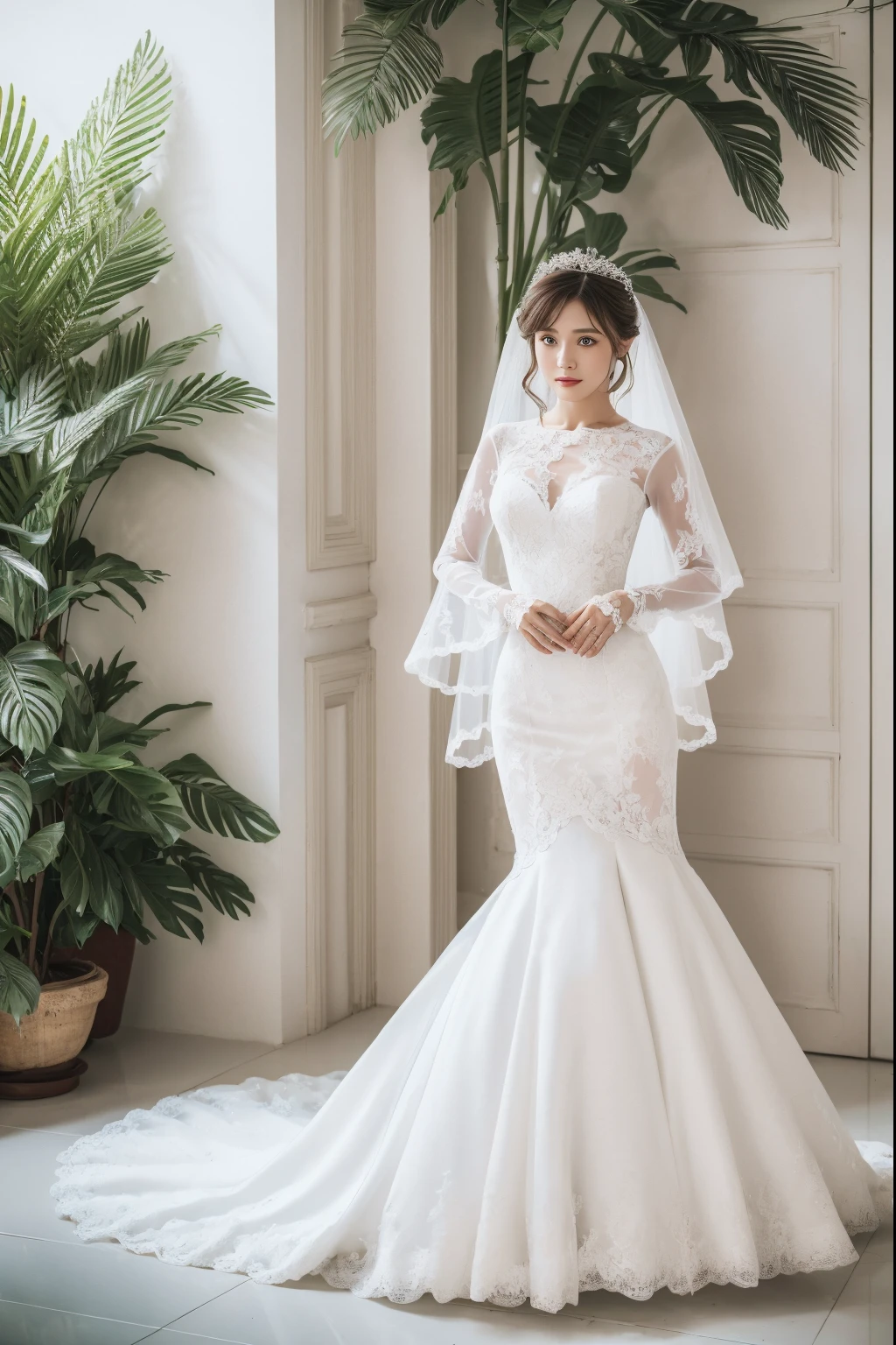 Best quality, 8k, 32k, Masterpiece, Masterpiece, (Photorealistic: 1.4), RAW photo, ultra realistic, 1girl, full body, wearing a white mermaid wedding dress, long-sleeve style, floor-length style, lace fabric, Take product photos in white room with indoor decorative palm tree, stand upright and look straight