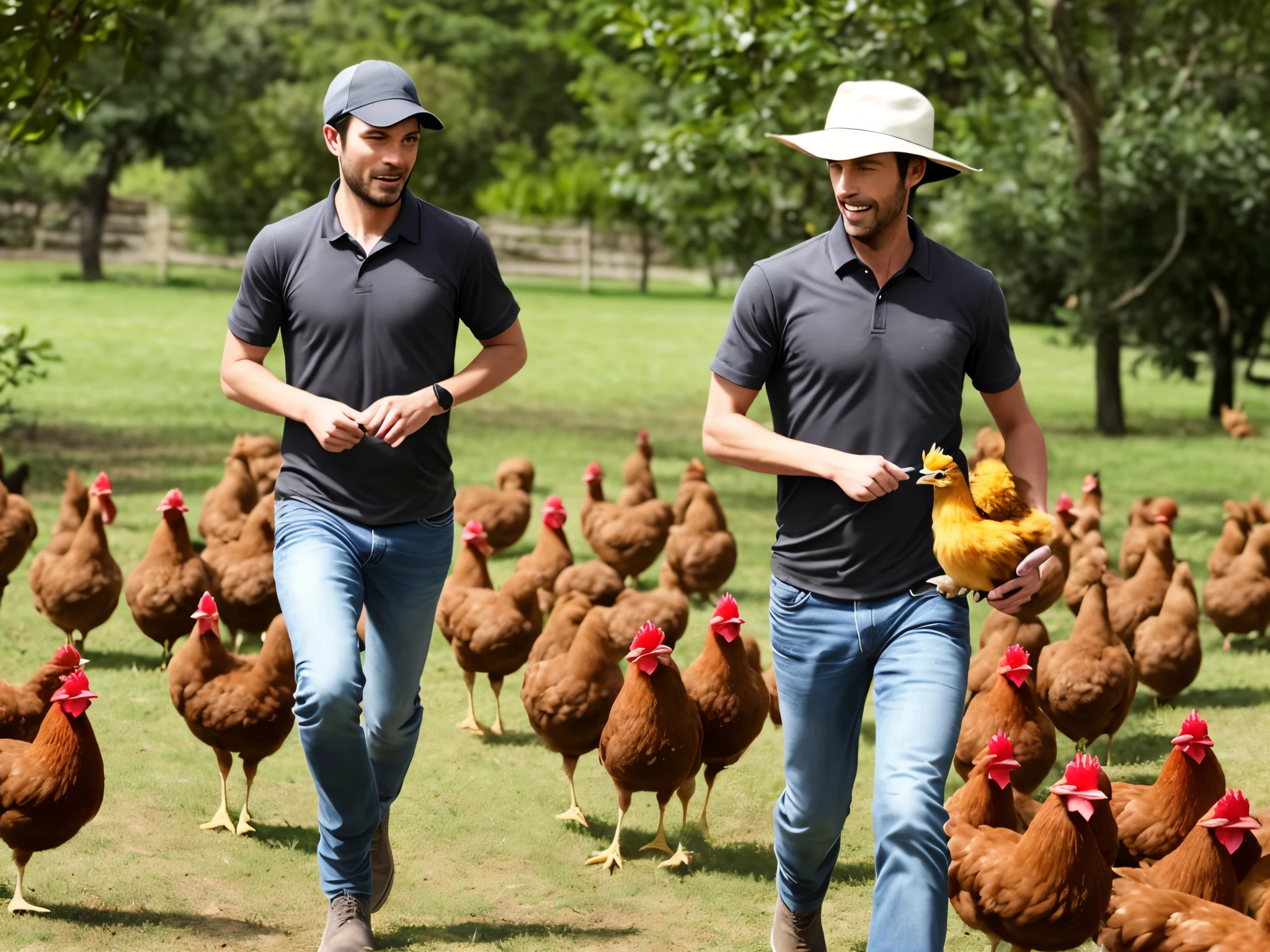 A man holding a chick and chased by chickens