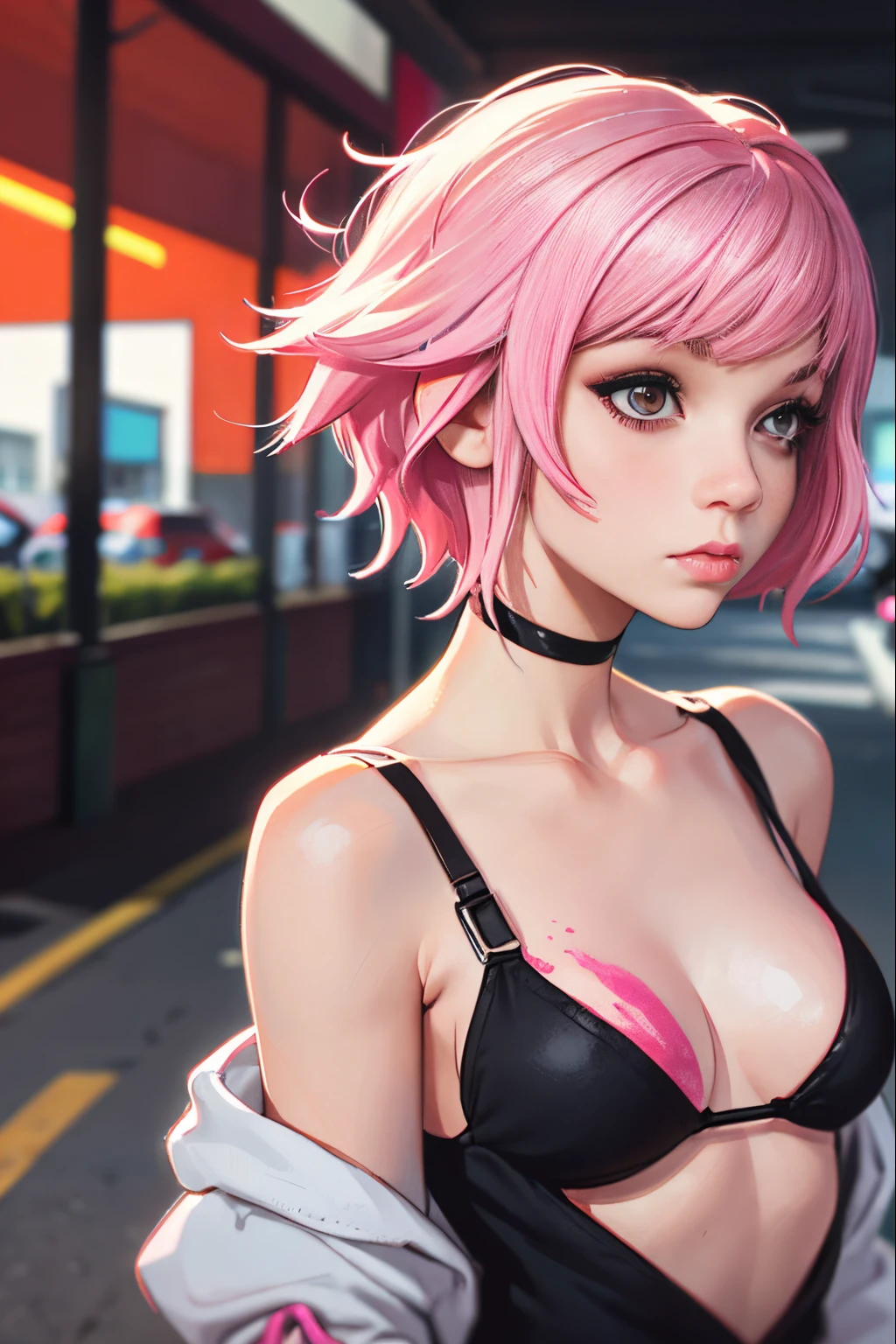 arafed woman with pink hair standing in a parking lot, she looks like a mix of grimes, looks a blend of grimes, cute girl with short pink hair, with pink hair, pink straight hair, pink girl, pink hair, looks like a mix of grimes, pink wispy hair, dyed hair, bubblegum hair, light pink hair