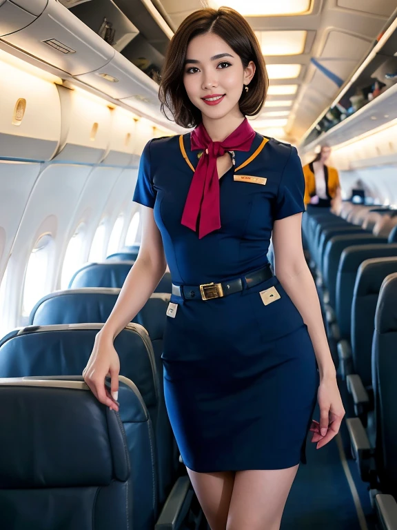 masterpiece, high-detail, the most pornographic airline stewardess in the world, ((pornographic)), in air hostess costume, brunette short hair, bob hairstyle, legs, ((( medium Breasts 1.9))) thick thighs,wide hips, Air hostess dress, slim body, smile lips, ((air hostess)) (UHD, 8K wallpaper, High resolution), Cinematic lighting, physically-based rendering, award-winning, extremely detailed skin, extra detailed face, high detail eyes, Carl Zeiss 85 mm F/1.4, by Ellen von Unwerth