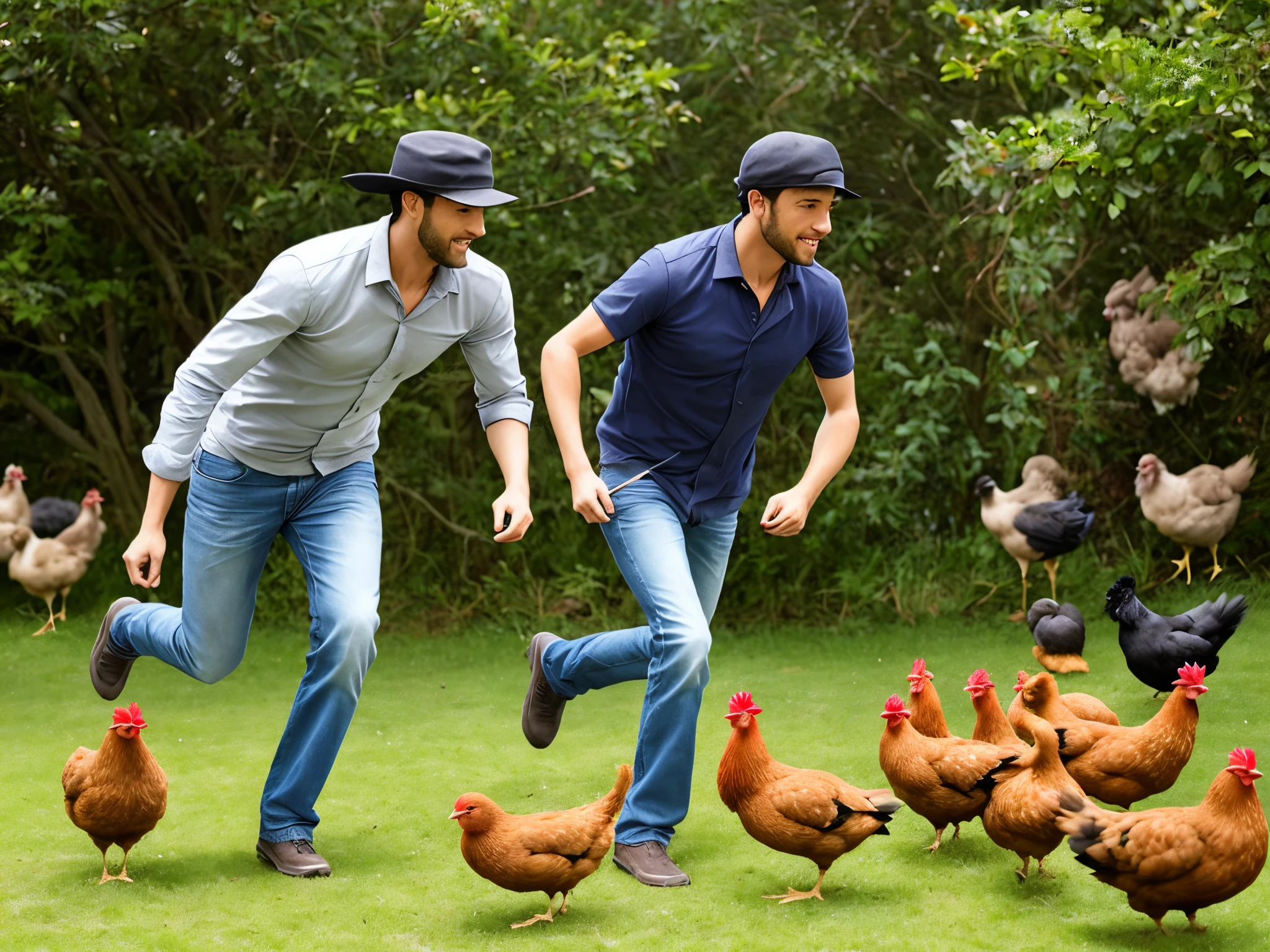 A man holding a chick and chased by chickens