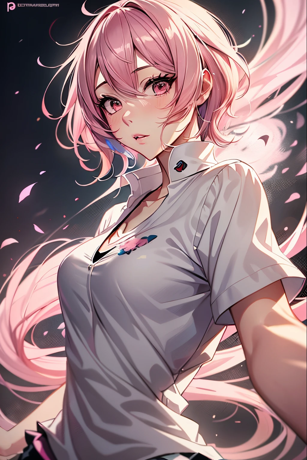 there is a woman with pink hair and a white shirt, an anime drawing inspired by rossdraws, tumblr, conceptual art, belle delphine, with pink hair, cute girl with short pink hair, anime inspired, kerli koiv as anime girl, anime girl in real life, amouranth, pink hair, flowing pink hair, pink wispy hair