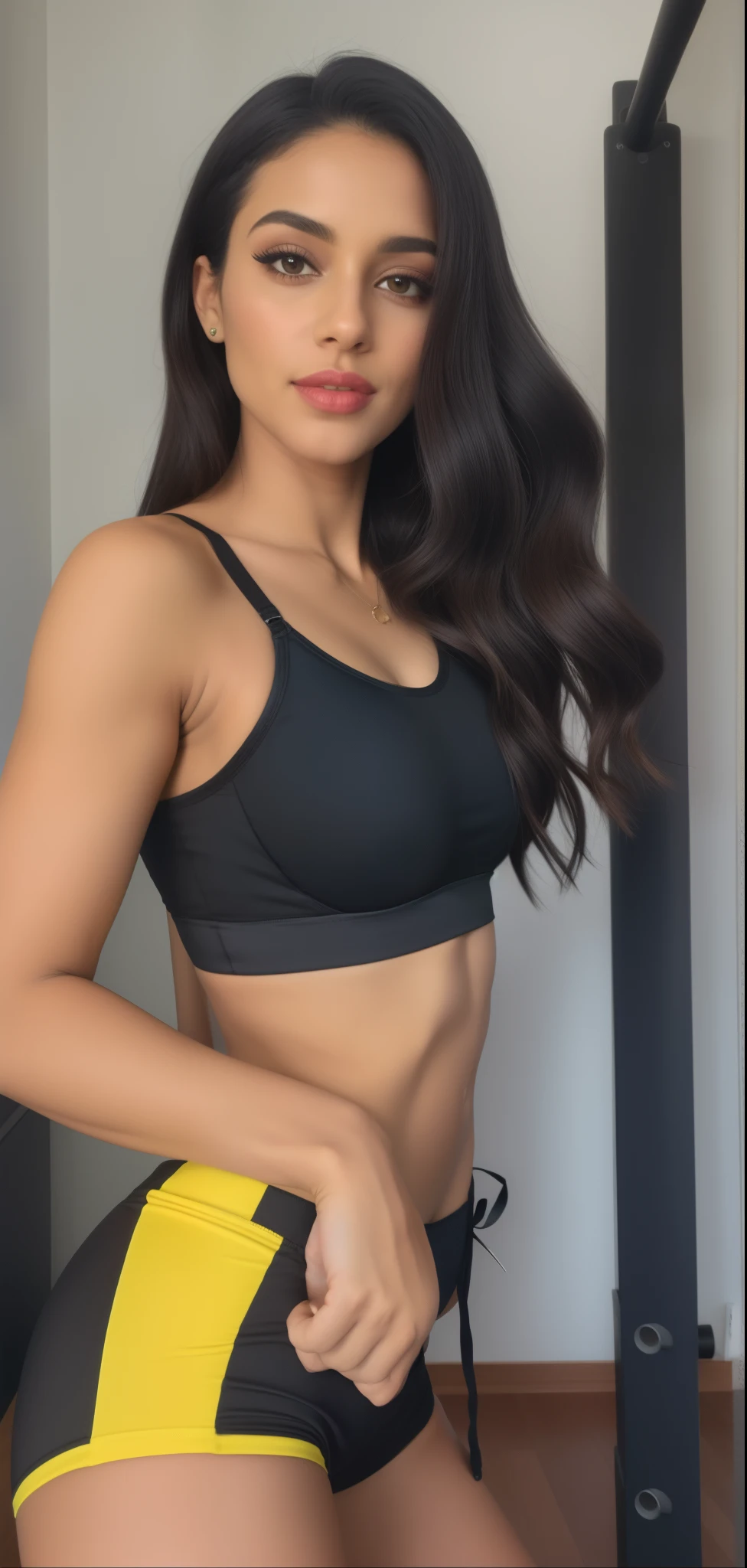 mulher arafa de blusa preta e short amarelo posando para foto, she is wearing a black tank top, usando um top cropped sexy, sport bra and shorts, tiro do meio cintura para cima, two piece workout clothes, bra black, in a black betch bra, usando uma regata cropped preta, sport bra and shirt, revelando roupas