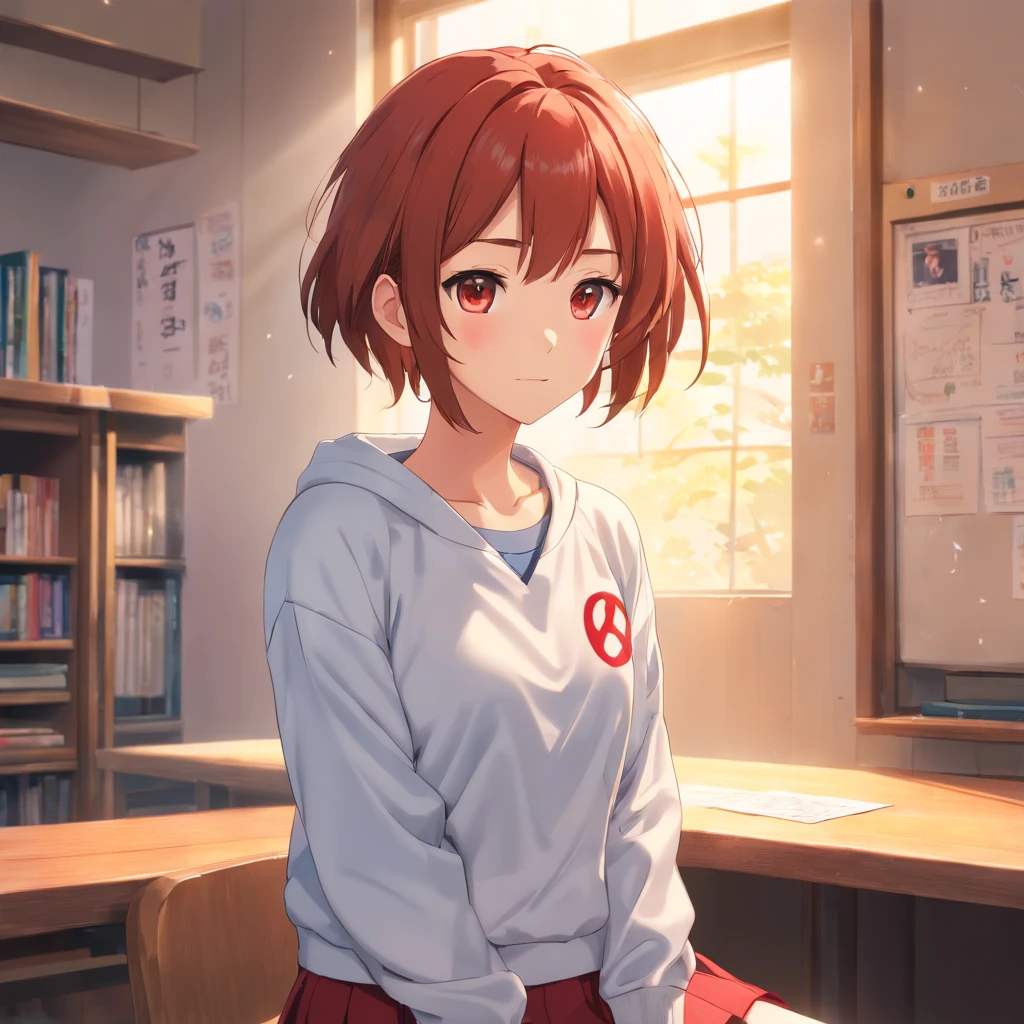 ((of the highest quality, 8K,Raw photo)), (Realistic, Photorealistic: 1.37), (Face Focus: 1.1), Small breasts, flat chest, Short hair, A Japanese Lady、High school students、Japan school uniform、(white sweatshirt: 1.1)、Skirt, Sitting, Arms up, From below, Sunlight, Movie Lighting,up、red blush、pounding、Wall Don