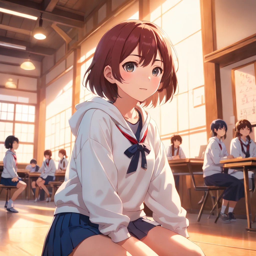 ((of the highest quality, 8K,Raw photo)), (Realistic, Photorealistic: 1.37), (Face Focus: 1.1), Small breasts, flat chest, Short hair, A Japanese Lady、High school students、Japan school uniform、(white sweatshirt: 1.1)、Skirt, Sitting, Arms up, From below, Sunlight, Movie Lighting,up、red blush、pounding、Wall Don