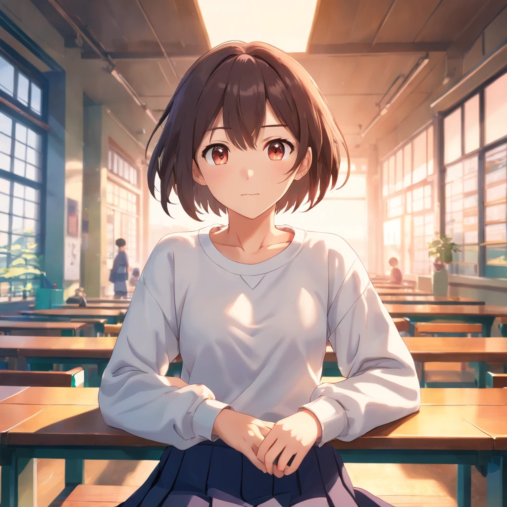 ((of the highest quality, 8K,Raw photo)), (Realistic, Photorealistic: 1.37), (Face Focus: 1.1), Small breasts, flat chest, Short hair, A Japanese Lady、High school students、Japan school uniform、(white sweatshirt: 1.1)、Skirt, Sitting, Arms up, From below, Sunlight, Movie Lighting,up、red blush、pounding、Wall Don