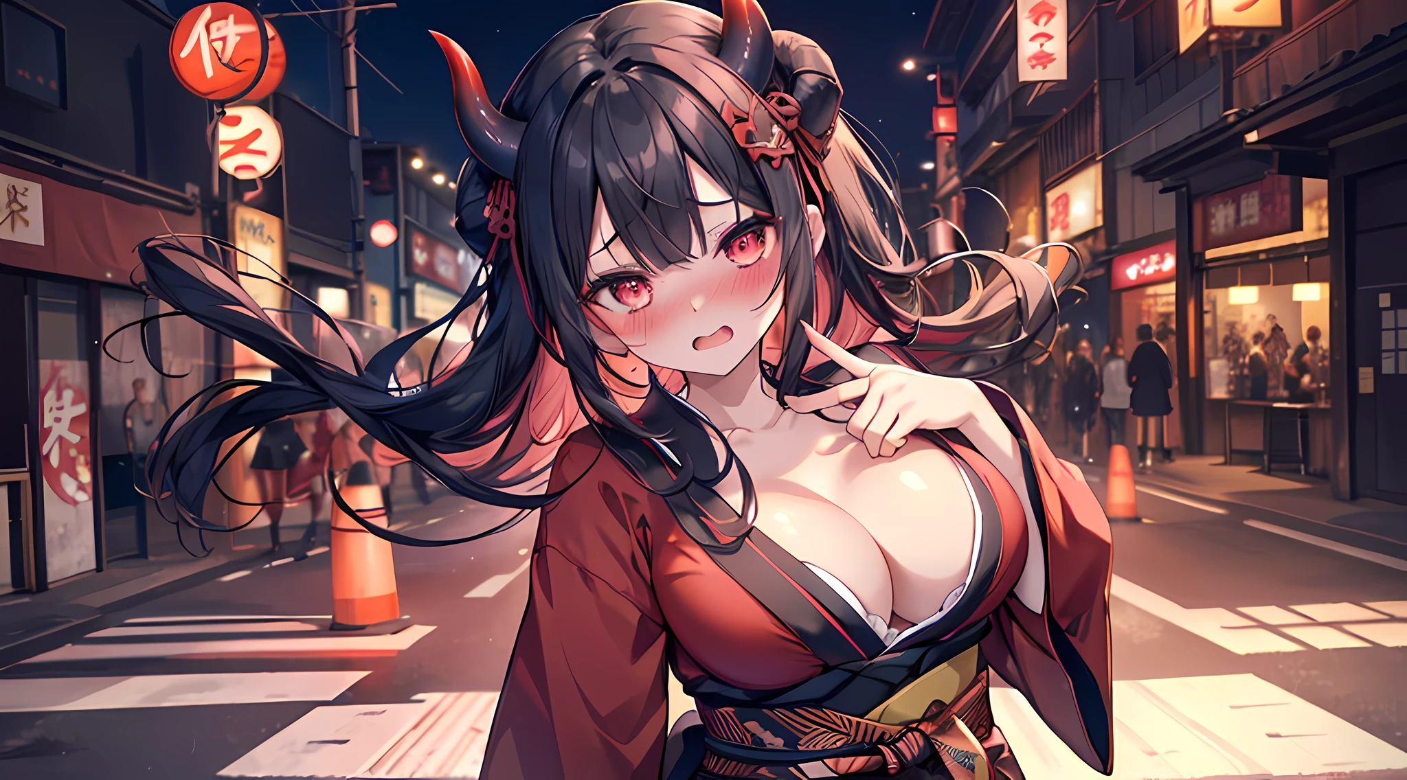 (1 demon girl), front lighting, demon horns, red kimono, big breast, cleavage, detailed face, walking in the kabukicho area 200 years ago, black hair, black hairpins, (blushing: 1.5), open mouth, hand, licking finger, heart eyes, (full body except foot), front lighting, 8k, masterpiece, ultra HD,