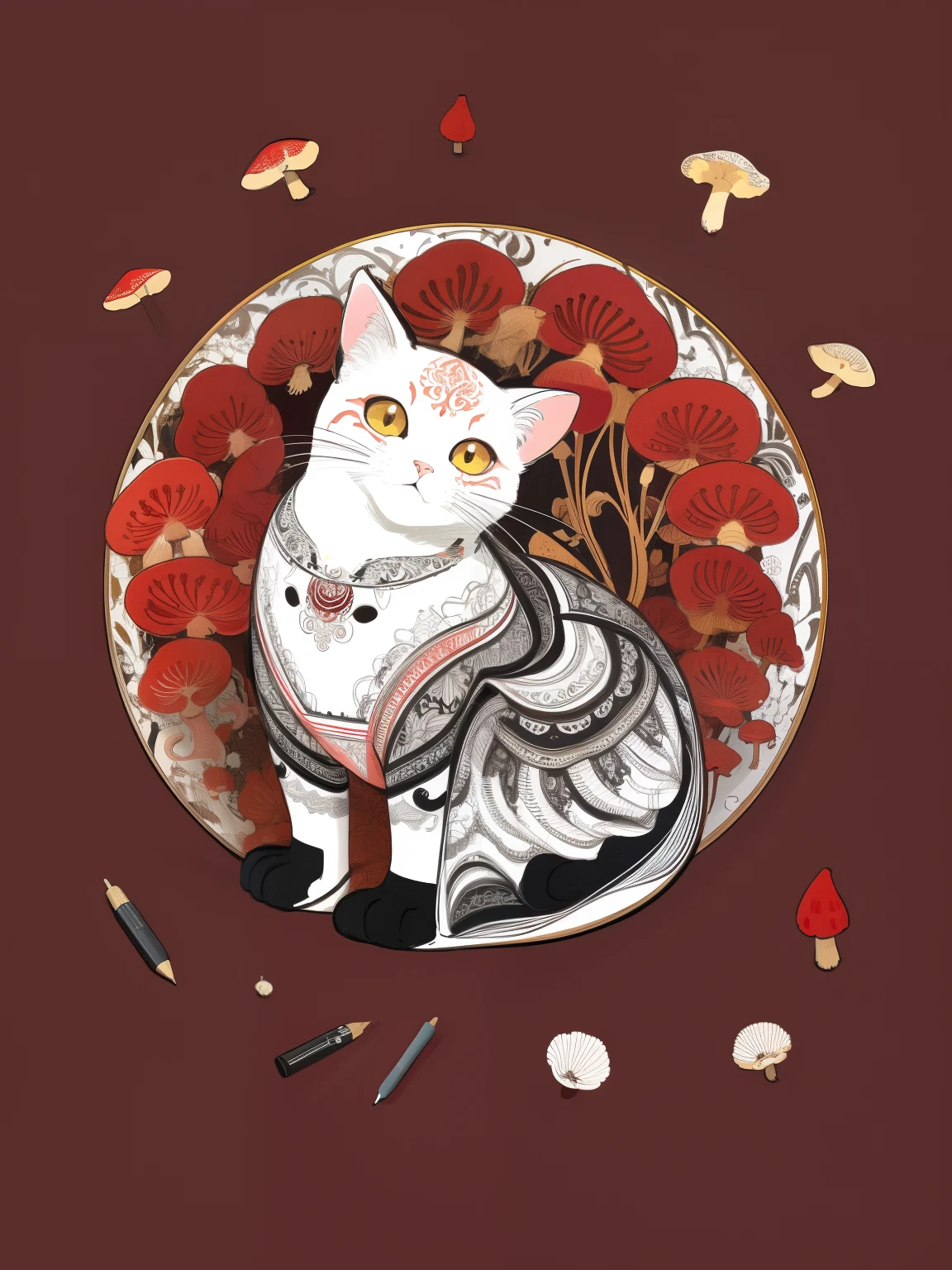 (Yaw:1.2)、(line-drawing)、line-drawing、Pen drawing、(Tattoo patterns:1.2)、(complex lines)、(​masterpiece)、(top-quality:1.1)、(ultra-detailliert)、The best illustrations、finely detail、hand-drawn high quality、highly contrast、(Clean lines:1.3)、Ligneclair、A little cat is surrounded by red mushrooms、(intricate-detail:1.3)、(detailedbackground:1.2)、(coloured background:1.1)、Sketched,intricate detailes,hight resolution