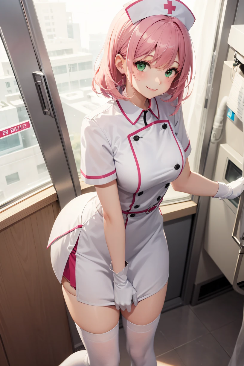 1girl, solo, nurse, nurse cap, white wear, ((white legwear, zettai ryouiki)), white gloves, pink hair, green eyes, drooping eyes, smile, standing, ((hospital room)), sharp outline, short sleeves, best quality, masterpiece