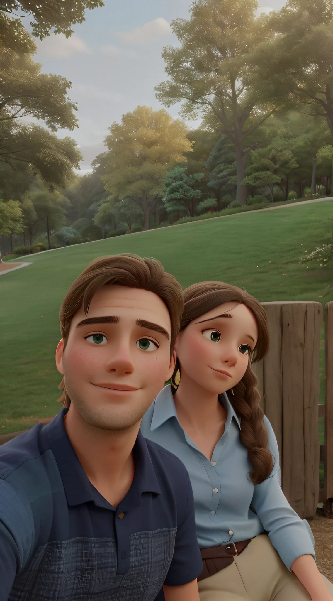 There are two people sitting in a park, the background is trees, the woman is wearing a blue shirt, beige pants, long hair, brown eyes, and the man is navy blue, lacoste blonde, green eyes, light long hair, high quality photo.