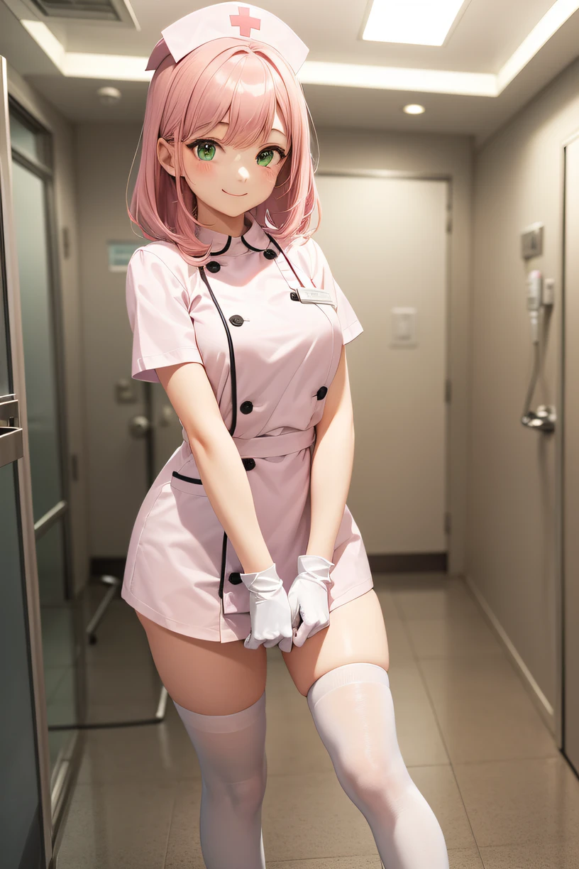 1girl, solo, nurse, nurse cap, white wear, ((white legwear, zettai ryouiki)), white gloves, pink hair, green eyes, drooping eyes, smile, standing, ((hospital room)), sharp outline, short sleeves, best quality, masterpiece