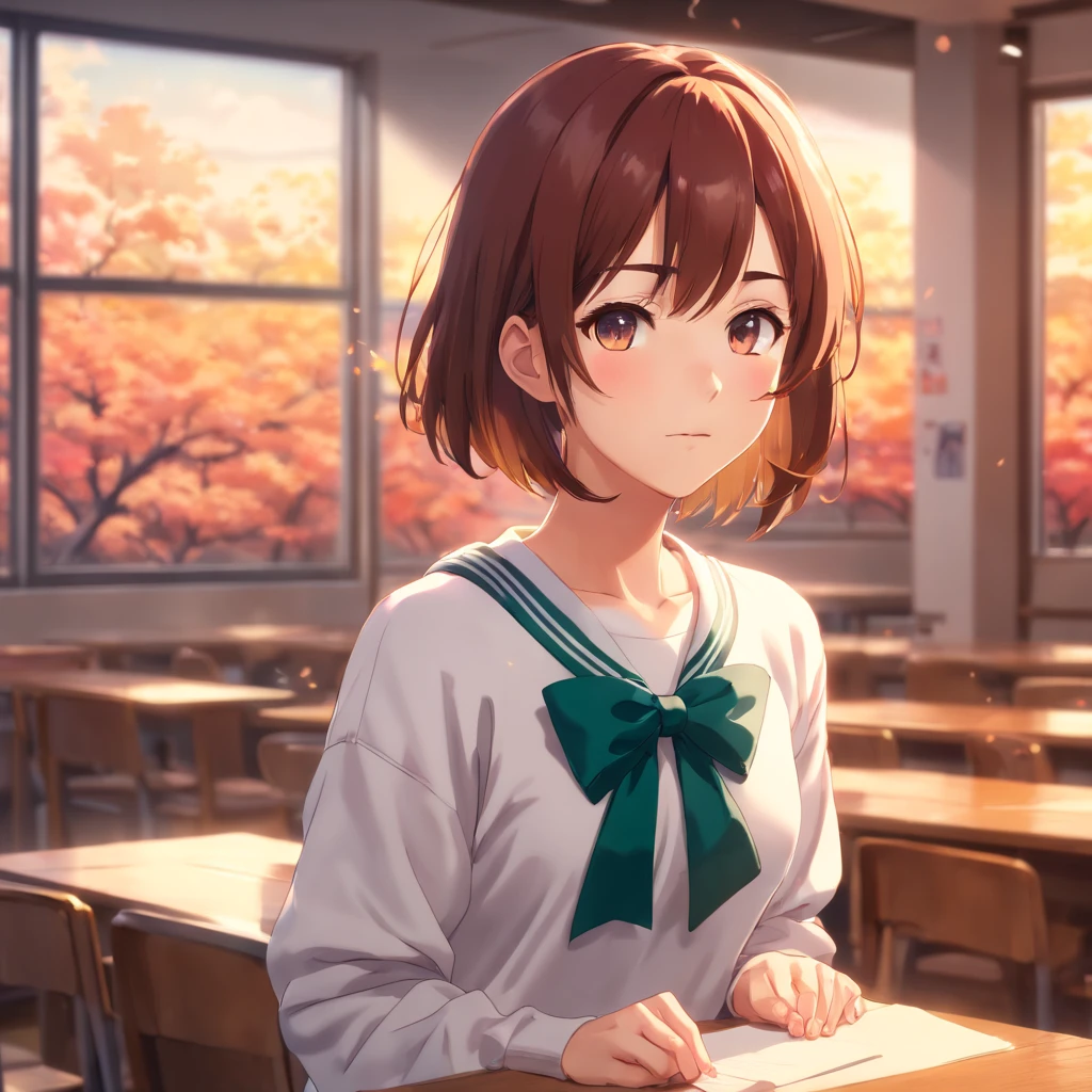 ((of the highest quality, 8K,Raw photo)), (Realistic, Photorealistic: 1.37), (Face Focus: 1.1), Small breasts, flat chest, Short hair, A Japanese Lady、High school students、Japan school uniform、(white sweatshirt: 1.1)、Skirt, Sunlight, Movie Lighting,up、red blush、pounding、Wall Don、bow ribbon