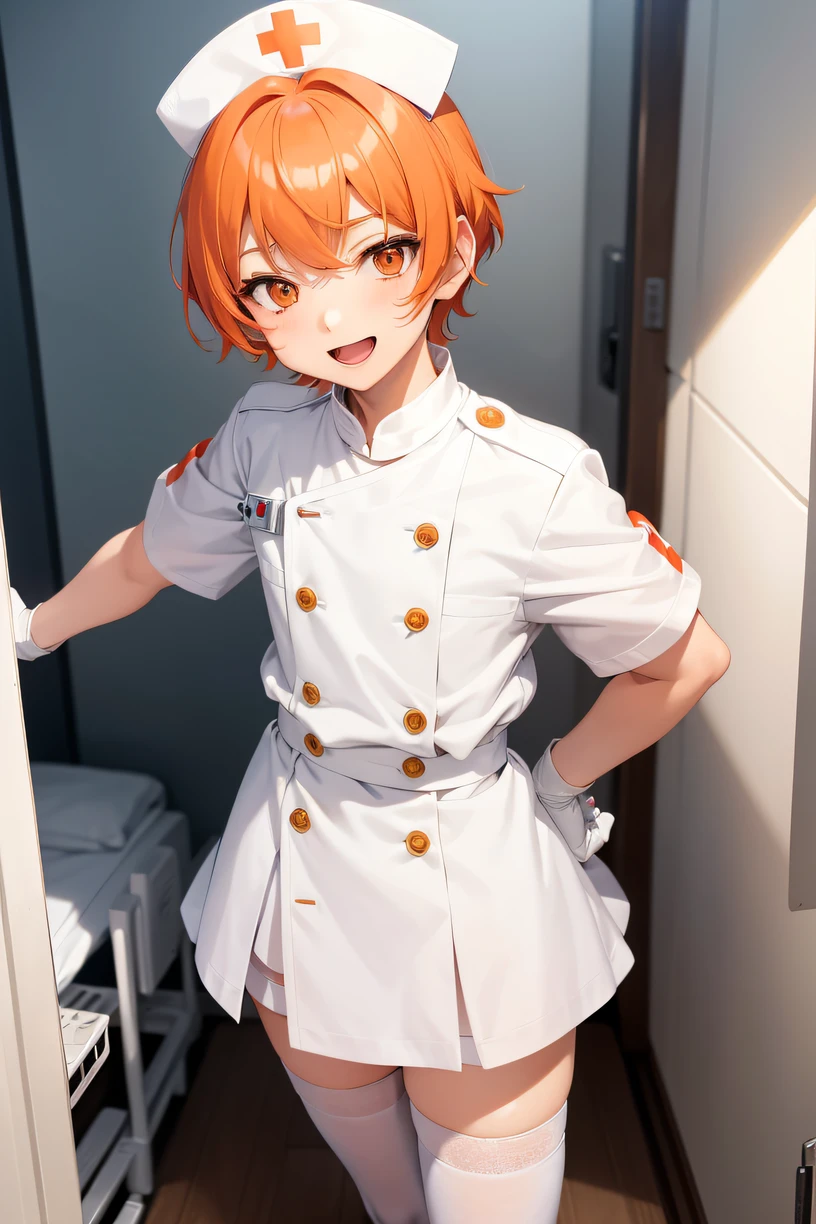 1boy, solo, male focus, nurse, nurse cap, white wear, ((white legwear, zettai ryouiki)), white gloves, short hair, orange hair, smile, open mouth, standing, ((hospital room)), sharp outline, short sleeves, shota, , best quality, masterpiece