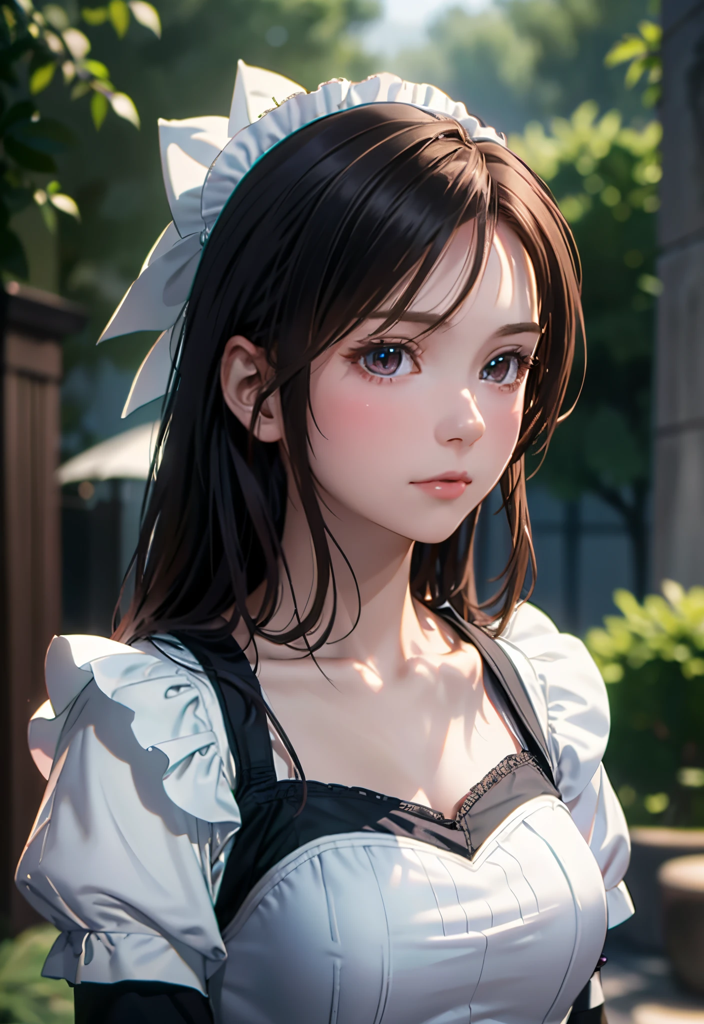 8K, of the highest quality, masutepiece:1.2), (Realistic, Photorealsitic:1.37), of the highest quality, masutepiece, Beautiful young woman, Pensive expression,、A charming、and an inviting look, Cute Maid Clothes, Hair tied back, Cinematic background, Light skin tone