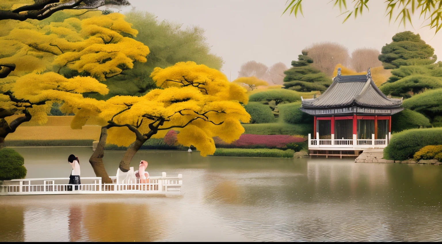 Draw a Suzhou garden in the rain。The Chinese pavilion in the painting is located in the upper center of the painting.,Surrounded twice by a large number of bamboos。The lake occupies more than half of the screen,Clear,Reflecting the bamboo forests and pavilions in the distance。In the background of the screen,Raindrops gently pat the lake surface,Create a peaceful and beautiful atmosphere。Please pay attention to maintaining color harmony and contrast between light and dark,To show the beauty and charm of Suzhou gardens。