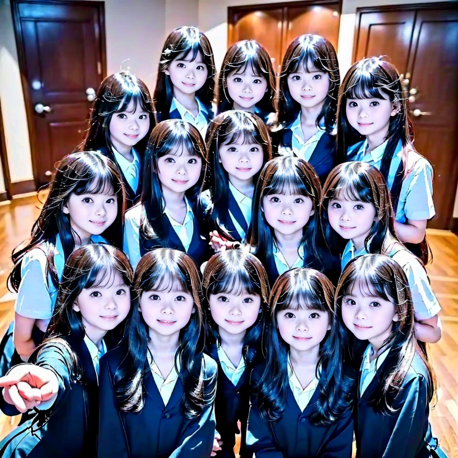 Raw photo、The same face、School Uniform、((6 years old))、(((multiple girls))),((((6+girls)))),((((100girls)))),(((1000girls)))、Women only、Long black hair、100 cute ***********s、a smile、((a baby face))、((Infant body type))、selfee、‎Classroom、(((Large group)))、elementary student