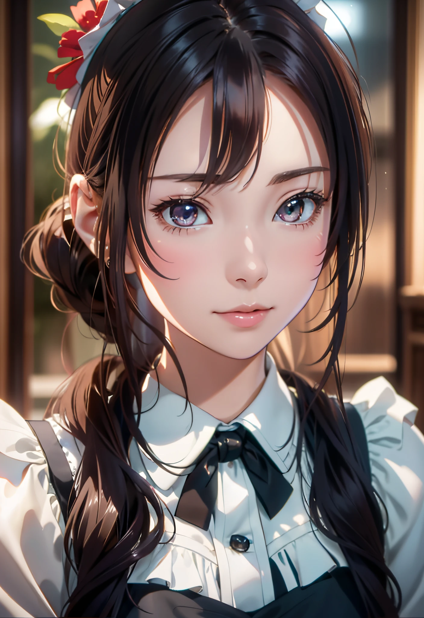8K, of the highest quality, masutepiece:1.2), (Realistic, Photorealsitic:1.37), of the highest quality, masutepiece, Beautiful young woman, Pensive expression,、A charming、and an inviting look, Cute Maid Clothes, Hair tied back, Cinematic background, Light skin tone