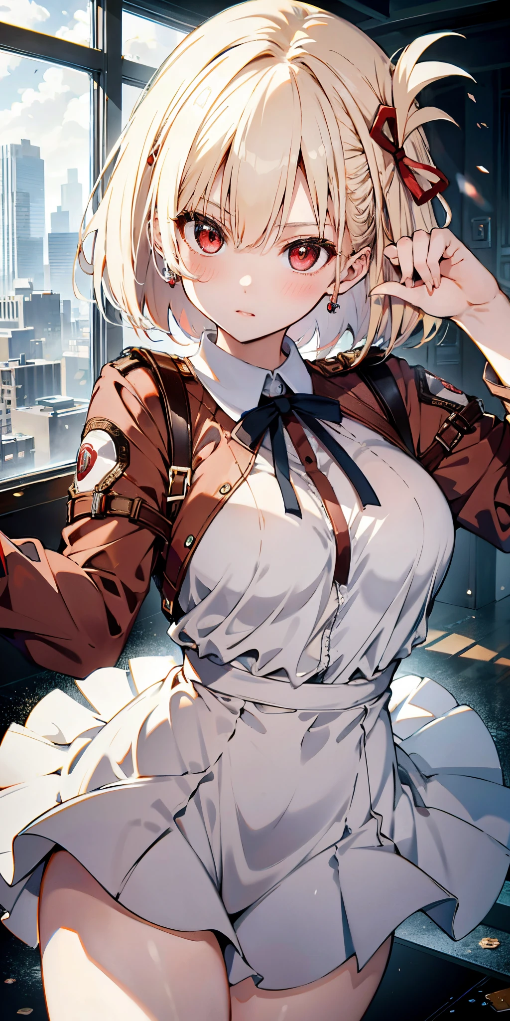 Absurd resolution, high resolution, (masterpiece: 1.4), super detailed, girl alone, from above, space, floating, platinum blonde, medium hair, red eyes