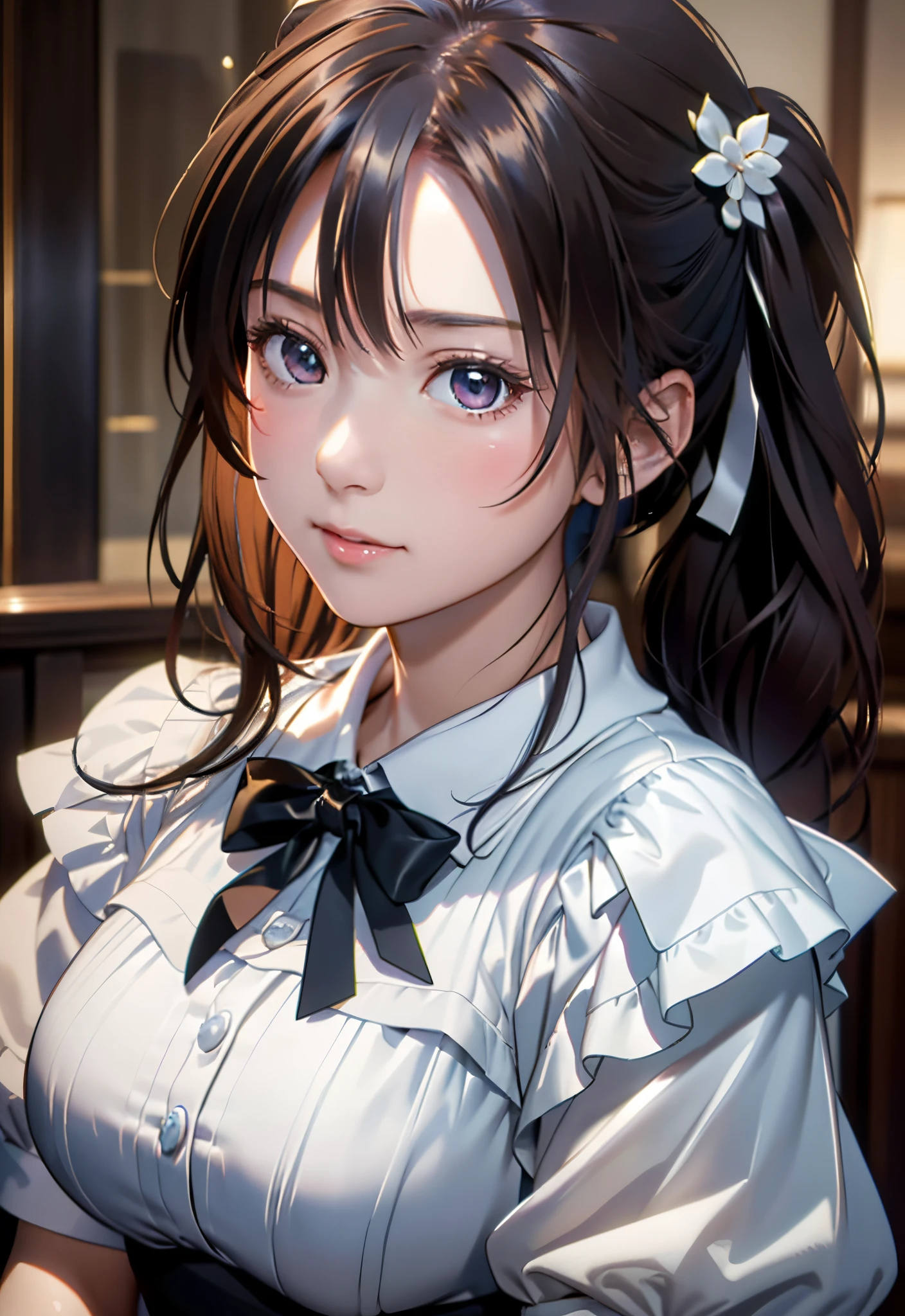 8K, of the highest quality, masutepiece:1.2), (Realistic, Photorealsitic:1.37), of the highest quality, masutepiece, Beautiful young woman, Pensive expression,、A charming、and an inviting look, Cute Maid Clothes, Hair tied back, Cinematic background, Light skin tone