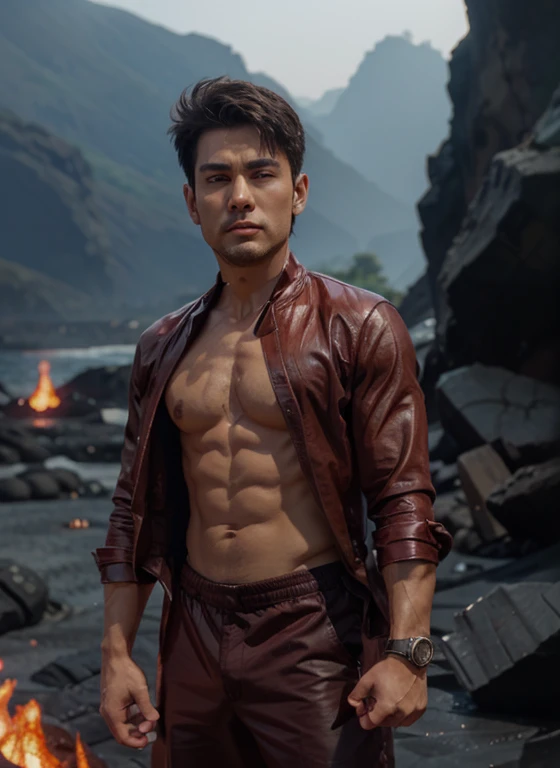 A little muscular, sharp jawline, realistic, anime style, Change background to lava land