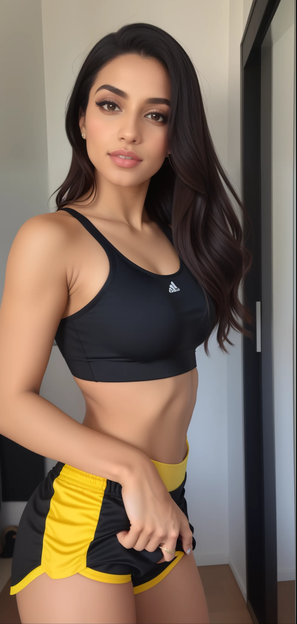 mulher arafa de blusa preta e short amarelo posando para foto, she is wearing a black tank top, usando um top cropped sexy, sport bra and shorts, tiro do meio cintura para cima, two piece workout clothes, bra black, in a black betch bra, usando uma regata cropped preta, sport bra and shirt, revelando roupas