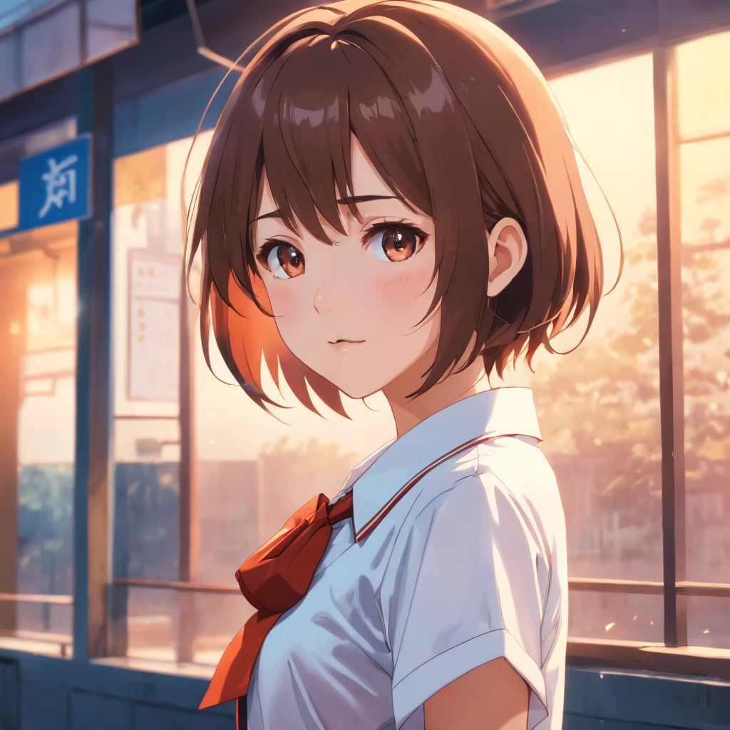 ((of the highest quality, 8K,Raw photo)), (Realistic, Photorealistic: 1.37), (Face Focus: 1.1), Small breasts, flat chest, Short hair, A Japanese Lady、High 、Japan school uniform、(White Shirt: 1.1)、Skirt, Sunlight, Movie Lighting,up、red blush、pounding、Wall Don、Shameful appearance、Look away