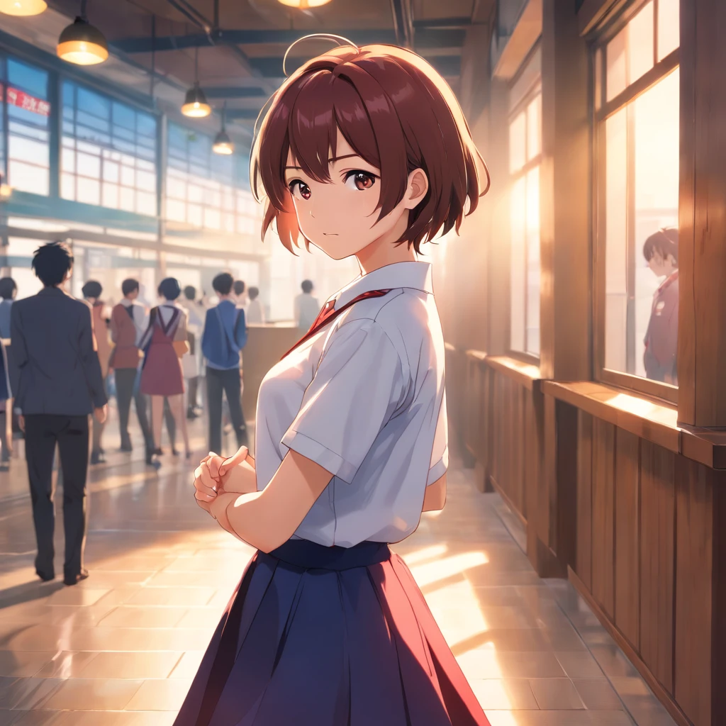 ((of the highest quality, 8K,Raw photo)), (Realistic, Photorealistic: 1.37), (Face Focus: 1.1), Small breasts, flat chest, Short hair, A Japanese Lady、High 、Japan school uniform、(White Shirt: 1.1)、Skirt, Sunlight, Movie Lighting,up、red blush、pounding、Wall Don、Shameful appearance、Look away