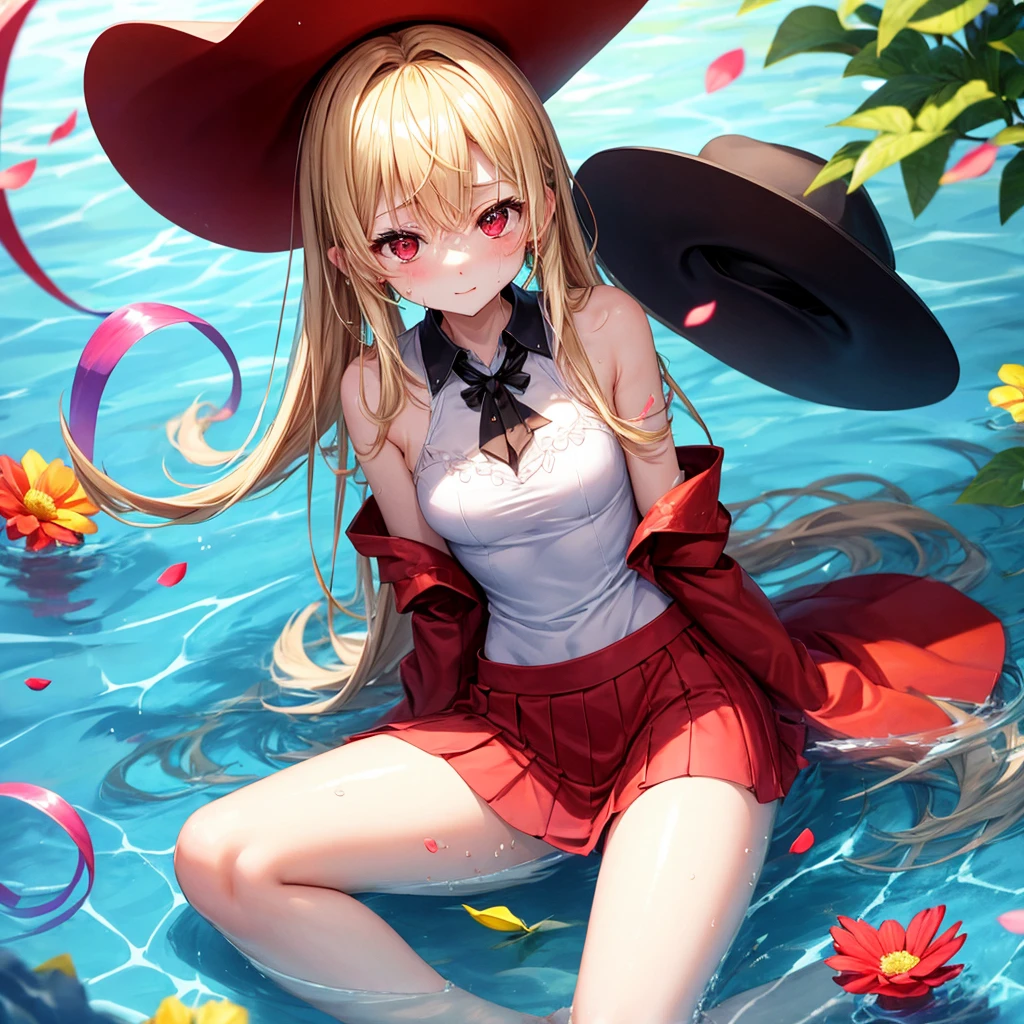 a blond、red eyes、1 pretty girl、animesque、lightly dressed、a miniskirt、sitting on、flower petals、bare-legged、wetting hair、sullenness、The surface of the water is reflecting、rainbows、wearing hat