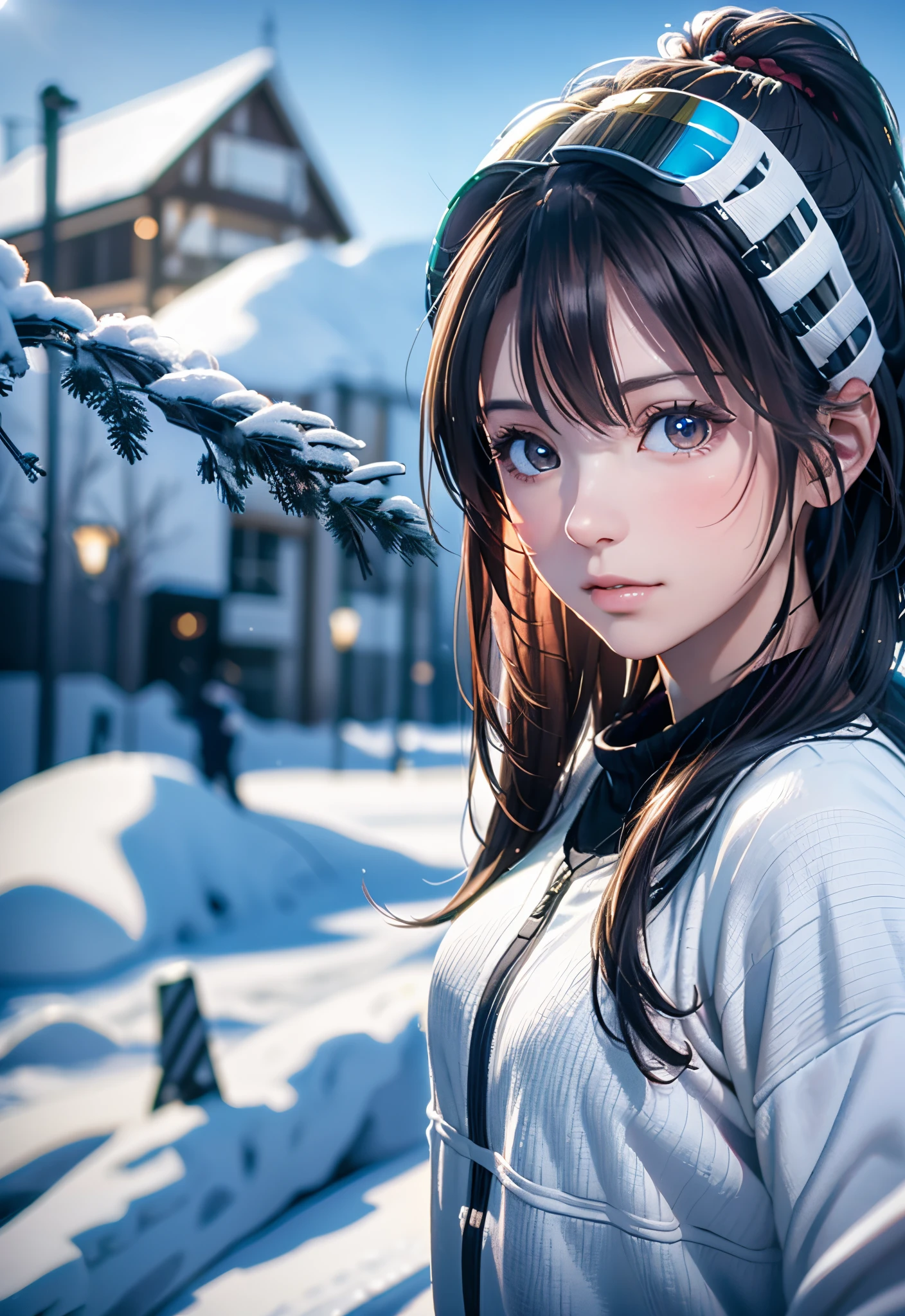 8K, of the highest quality, masutepiece:1.2), (Realistic, Photorealsitic:1.37), of the highest quality, masutepiece, Beautiful young woman, Pensive expression,、A charming、and an inviting look, skiing、snowboarder、Ski Wear, Hair tied back, Cinematic background, Light skin tone、Ski Resort Background