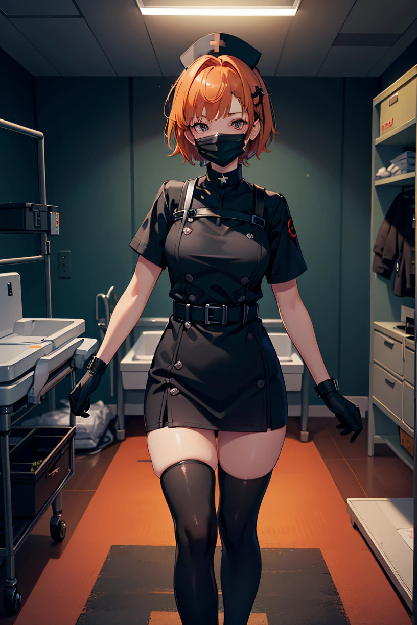 black nurse, 1girl, solo, black nurse cap, black wear, ((black legwear, zettai ryouiki)), black elbow gloves, very short hair, orange hair, ((black surgical mask, covered nose)), standing, ((surgery room)), sharp outline, short sleeves, tomboy, boyish, best quality, masterpiece
