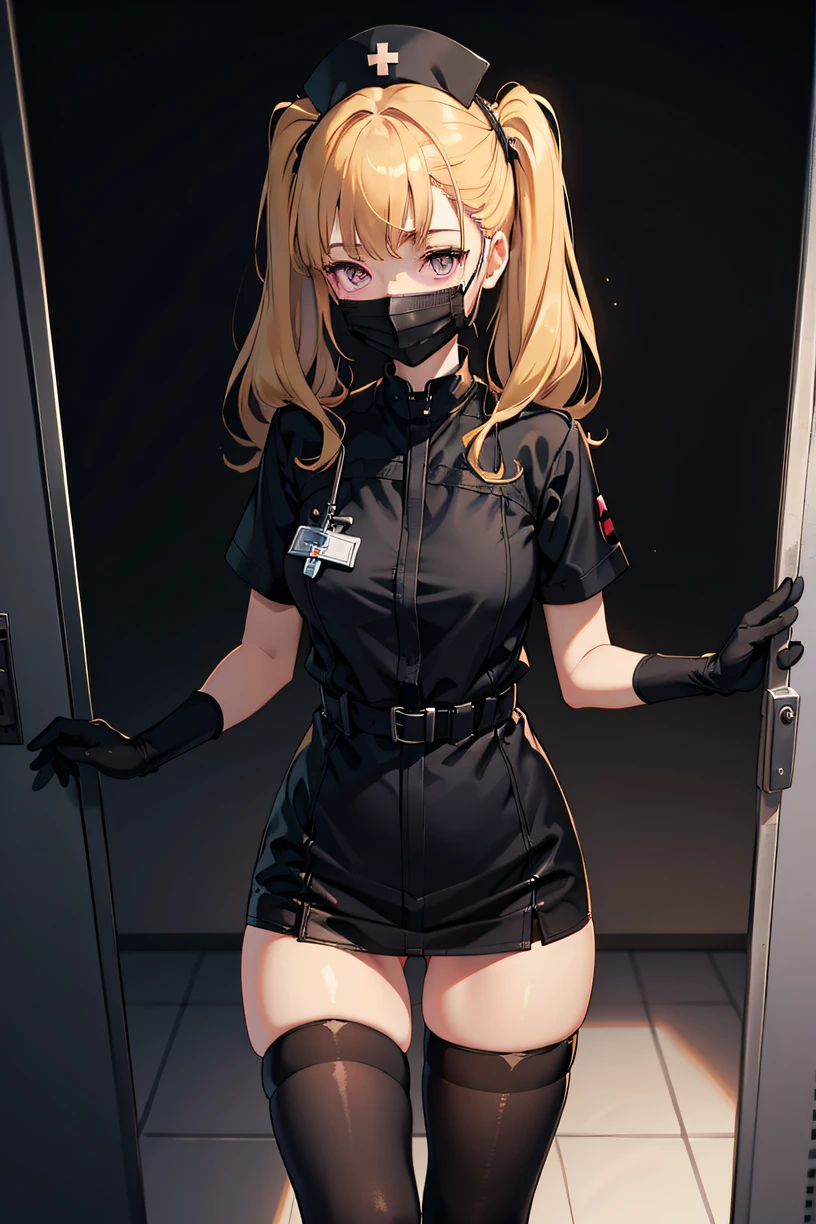 black nurse, 1woman, solo, black nurse cap, black nurse uniform, ((black legwear, zettai ryouiki)), black elbow gloves, blonde hair, blue eyes, ((black surgical mask, covered nose)), standing, ((surgery room)), sharp outline, short sleeves, mature female, 35 years old, best quality, masterpiece