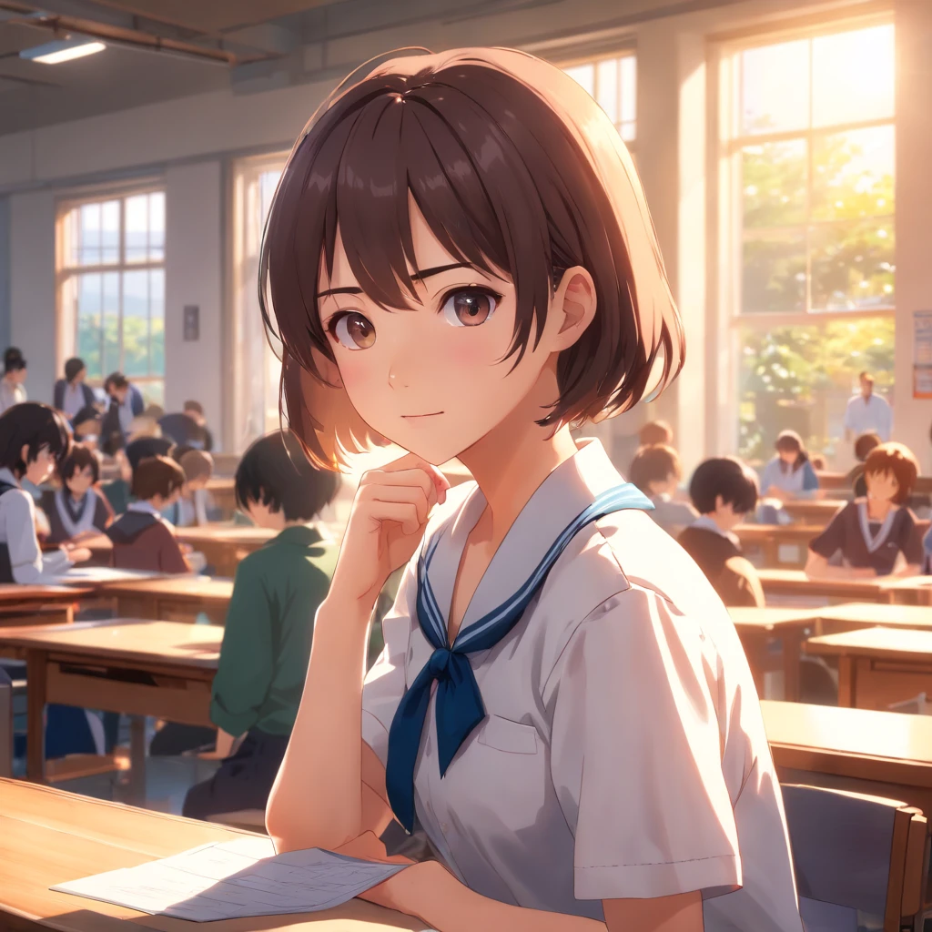 ((of the highest quality, 8K,Raw photo)), (Realistic, Photorealistic: 1.37), (Face Focus: 1.1), Small breasts, flat chest, Short hair, A Japanese Lady、High school students、Japan school uniform、(White Shirt: 1.1)、Skirt, Sunlight, Movie Lighting,up、red blush、pounding、Wall Don、Shameful appearance、Look away、Classroom、lovemaking