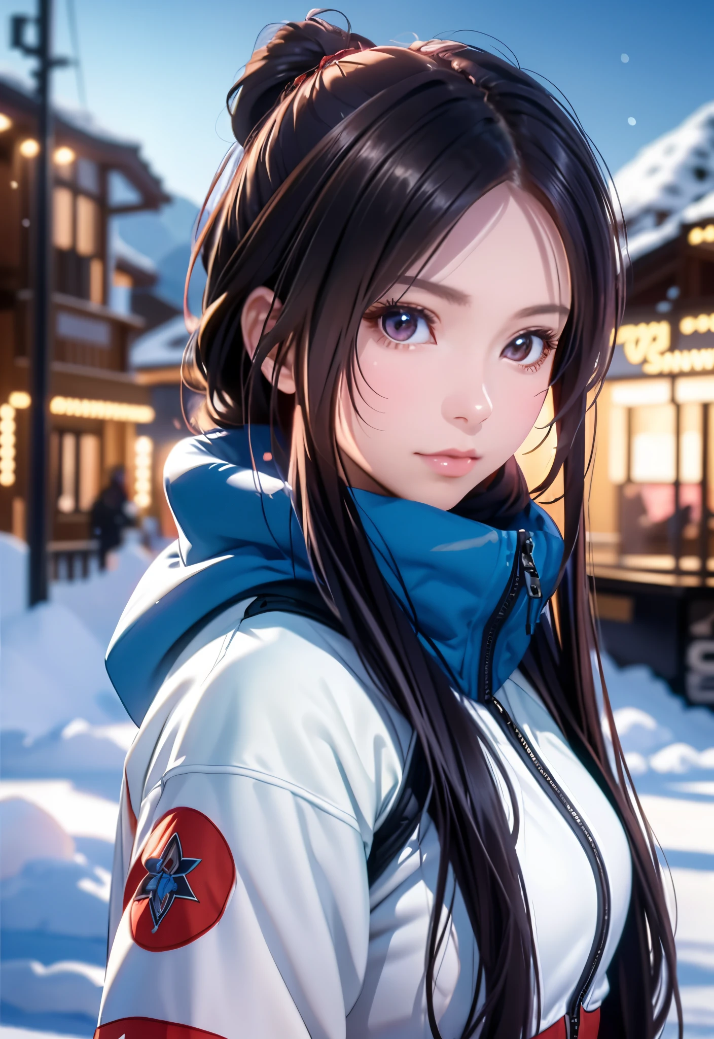 8K, of the highest quality, masutepiece:1.2), (Realistic, Photorealsitic:1.37), of the highest quality, masutepiece, Beautiful young woman, Pensive expression,、A charming、and an inviting look, skiing、snowboarder、Ski Wear, Hair tied back, Cinematic background, Light skin tone、Ski Resort Background