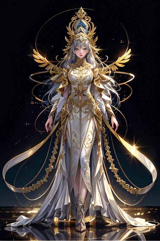 8K raw photo, Best quality, masterpiece, ultra high res, (zentangle, mandala, tangle, entangle),colorful,(photorealistic:1.4),raw photo, neonlight\(ttp\),1girl,tall female, skinny, slim_legs, solo,(perfect body shape),holy light,gold foil,gold leaf art,glitter drawing,(full body), ban,yuechan_wedding_lothes, gadaxintai, Neon Light,