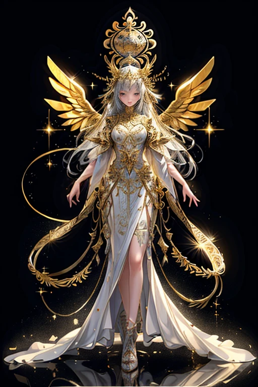 8K raw photo, Best quality, masterpiece, ultra high res, (zentangle, mandala, tangle, entangle),colorful,(photorealistic:1.4),raw photo, neonlight\(ttp\),1girl,tall female, skinny, slim_legs, solo,(perfect body shape),holy light,gold foil,gold leaf art,glitter drawing,(full body), ban,yuechan_wedding_lothes, gadaxintai, Neon Light,