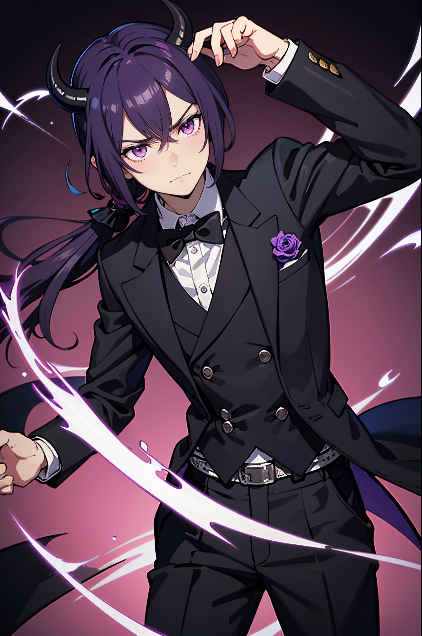 masterpiece,best quality, solo, 1 boy, adult male figure, black ouji clothes, cowboy shot, ouji fashion, black ouji style clothes, black suit pants, black ouji style uniform, black butler style clothes, butler tailcoat, Fairy Tail anime style, butler black  uniform, demon horns, light purple eyecolor, sharp eyes, narrowed eyes, demon, shoulder length hair, dark purple hair, purple hair, low ponytail, frowning face, butler uniform, black tailcoat, black suit pants, white shirt underneath, thick demon horns, pink eyes, white background, purple bowtie, purple rose, silver pocket watch