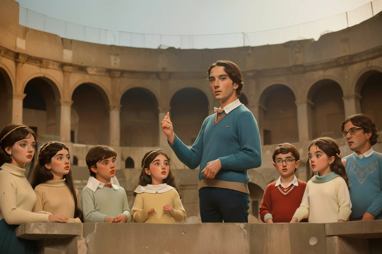1965, Italy. Pre-raphaelite ((((18-year-old)) Gigi)), rascal young man, giving a speech, in a roman anphitheatre, ruins, group of little kids listening to him, ((((rascal casual Clothing from the 1960s, sweater)))), ((Hairstyle of the 1960s)), ((Wes Anderson cinematic style)), colorful