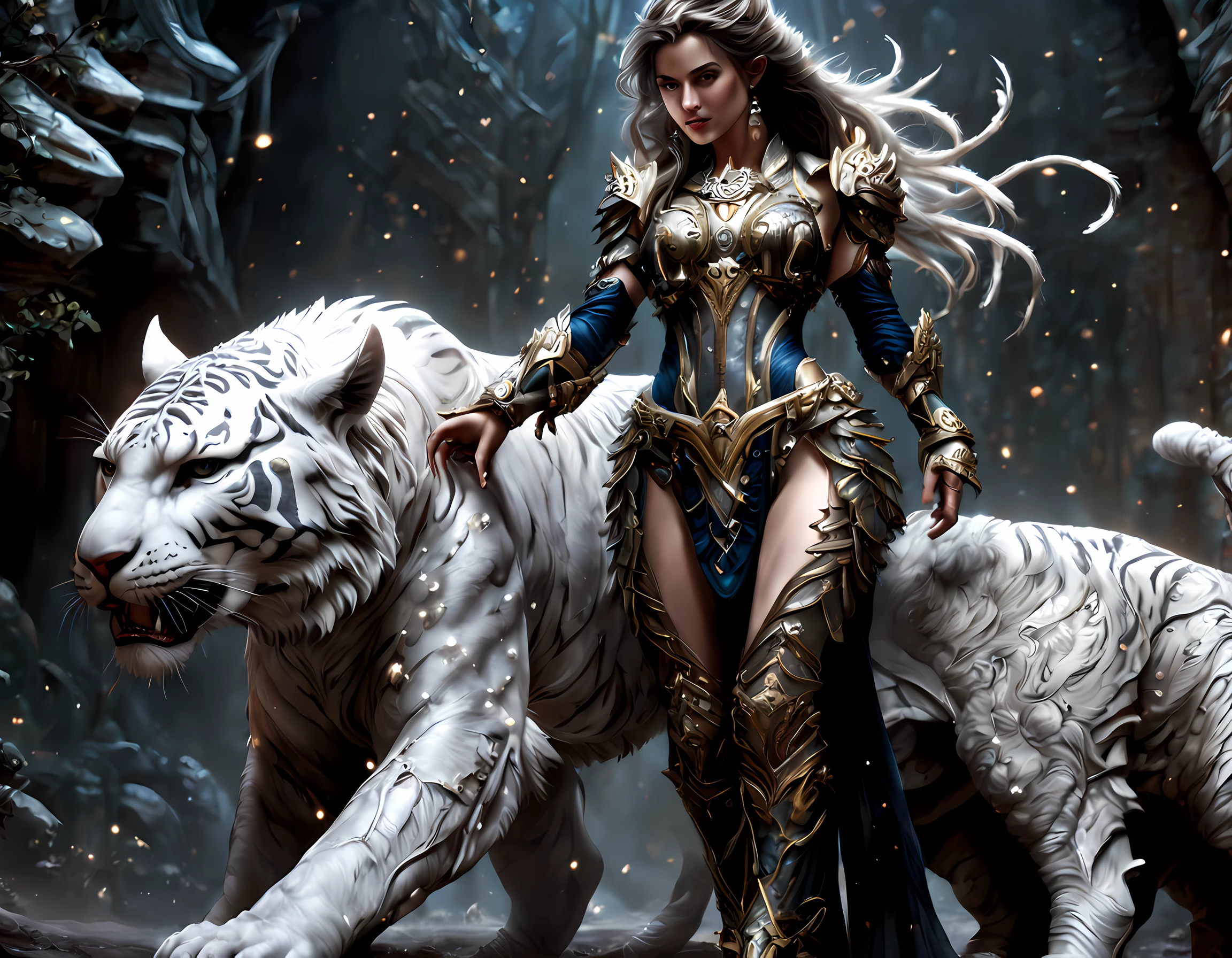 high details, best quality, 16k, RAW, [ultra detailed], masterpiece, best quality, (extremely detailed), dynamic angle, ultra wide shot, RAW, photorealistic, fantasy art,, rpg art, realistic art, a wide angle picture of a female human druid and her pet white tiger, priest of nature, cleric of nature, full body, [[anatomically correct]]. knelling woman (1.5 intricate details, Masterpiece, best quality) talking to a  white tiger (intricate details, Masterpiece, best quality: 1.5) in desert  (intricate details, Masterpiece, best quality: 1.5), a female  wearing leather clothes ( (intricate details, Masterpiece, best quality: 1.4) leather boots, armed with a GLOWING WEAPON, thick hair, long hair, brown hair, tan skin intense brown eyes, desert background (intense details), a stream flowing in an oasis ( (intricate details, Masterpiece, best quality: 1.5), night, moon light, stars ( (intricate details, Masterpiece, best quality: 1.5)), dynamic angle,  (intricate details, Masterpiece, best quality: 1.5)), high details, best quality, highres, ultra wide angle, drkfntasy