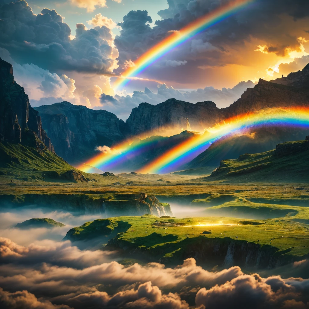 A torrent of light pouring down from heaven to earth, Swirling clouds reflecting a bright rainbow, Otherworldly landscape, beautiful detailed sky, 8k wallpaper, ((masterpiece)), (((best quality))), ((ultra-detailed)), ((illustration)),