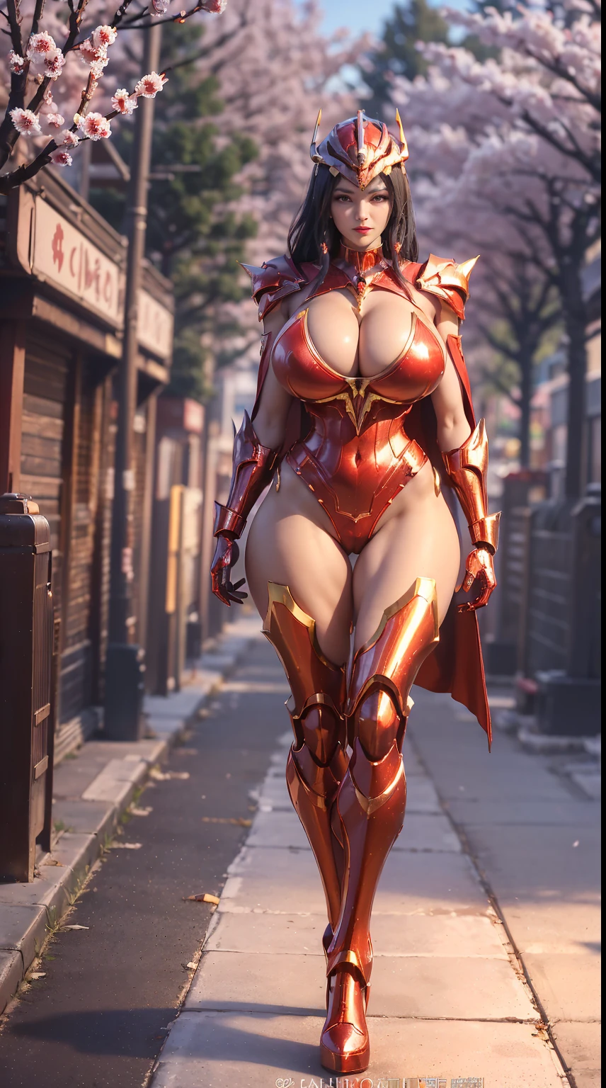 1GIRL, SOLO, (ssmile, makeup, beautifull eyes, red libs, gold dragon helm), (BIG BUTTOCKS, HUGE BOOBS:1.4), (DRAGON GUARD ARM, GLOVES), (red, black), (MECHA CYBER SHINY ARMOR SUIT, ROYAL CAPE, CLEAVAGE, SKINTIGHT HOTPANTS, HIGH HEELS:1.4), (MUSCULAR BODY, SEXY LONG LEGS, FULL BODY:1.5), (MUSCLE ABS:1.2), (LOOKING AT VIEWER:1), (WALKING DOWN ON STREET CHERRY TREES IN THE MORNING:1.3), PHYSICALLY-BASED RENDERING, ULTRA HIGHT DEFINITION, 8K, 1080P.