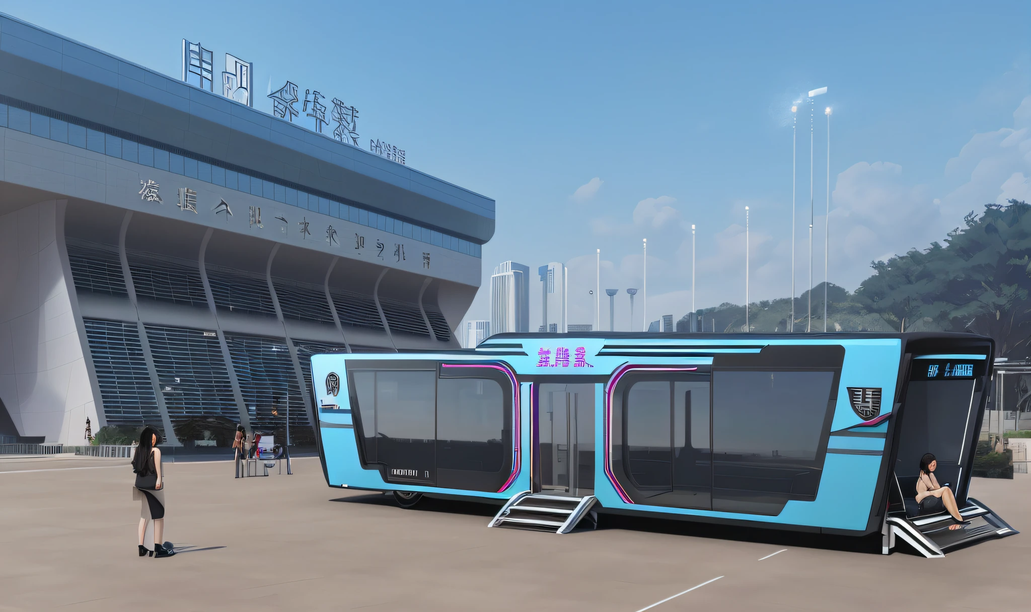 There is a blue and black bus parked in front of a building, futuristic sport arena, 2022 wide angle exterior shot, trailer, cyberpunk bus stop, transportation design render, virtual reality, Front view, front top side view, glass oled mecha visor, JR SC Maglev, rendered in 3 dsmax, With 3D rendering, With 3D rendering, shenzhen,Future concept design,There is green grass on the ground,A woman reading a book sits on the side