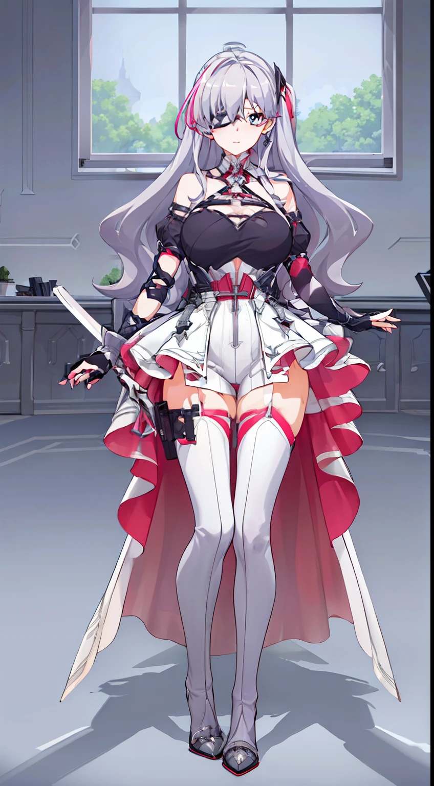 tmasterpiece, Best quality, Long gray hair, Blonde hair, eBlue eyes, Large breasts, Indoors, window, Wide hips,vup vertical painting,Sit Pose,Bareleged,high-heels,Expose the soles of your feet,Full body photo,With long bangs,Blindfold,sword sisters