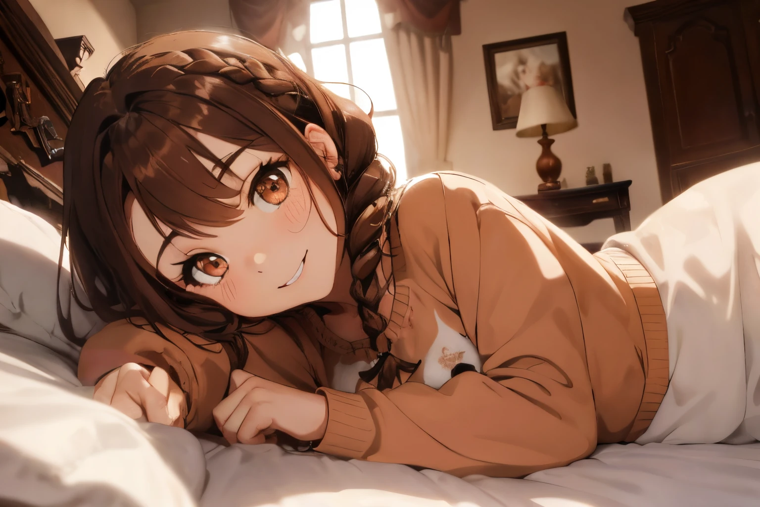 girl with'A room filled with morning light,Lots of stuffed animals and accessories,fluffy and voluminous hair,brown haired,(Braided shorthair),Slightly red tide,((Brown eyes)),Sleeping face,((Plain white T-shirt)),((Animal Print Underwear)),stretch your arms on the bed,((Sitting with legs spread on the bed)),(Kamimei),Smile slightly,((Girls 10 and under)),((close up of face))
